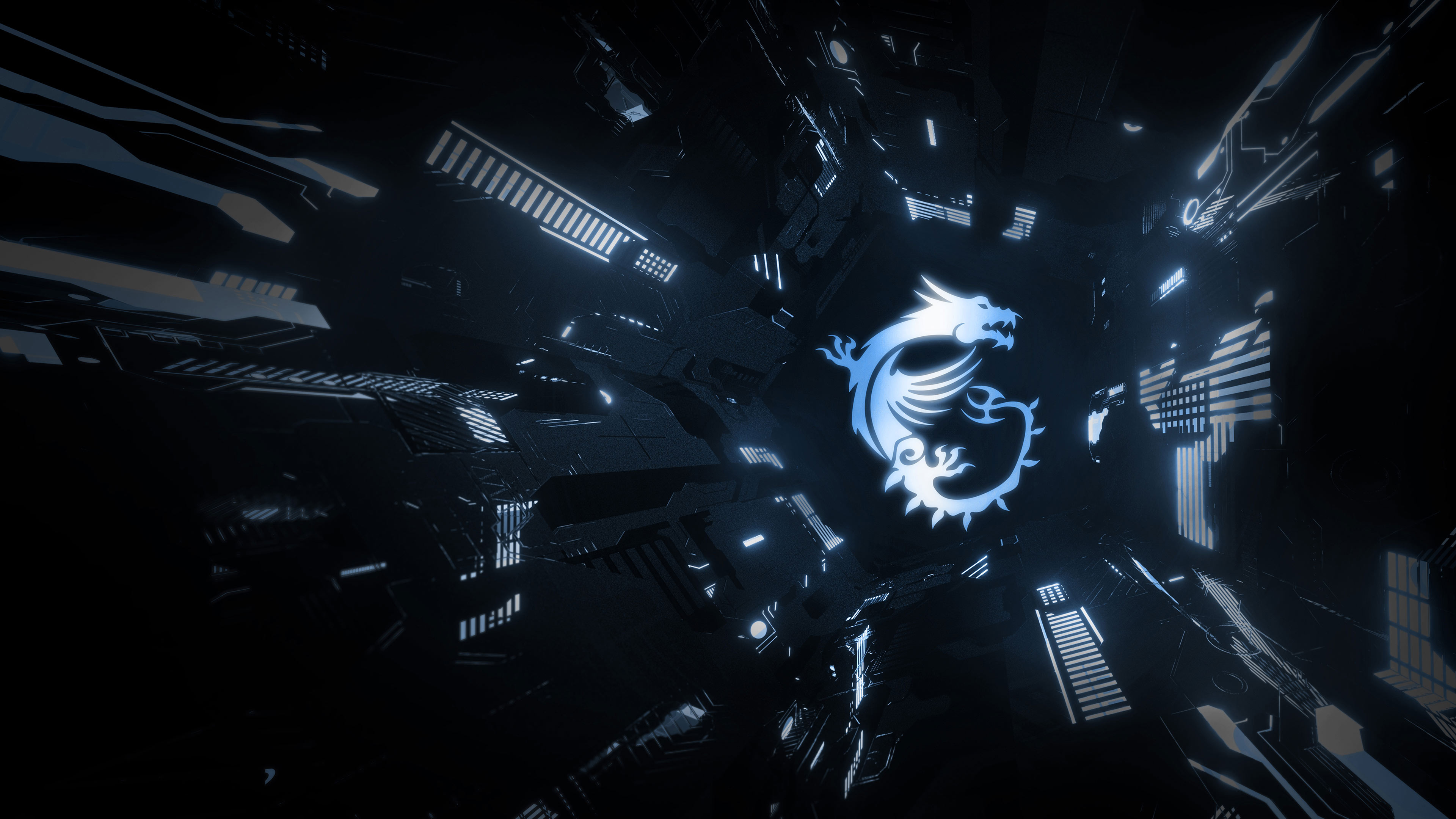 MSI dragon logo, sci-fi tech tunnel, glowing blue circuits, 4K Desktop wallpaper