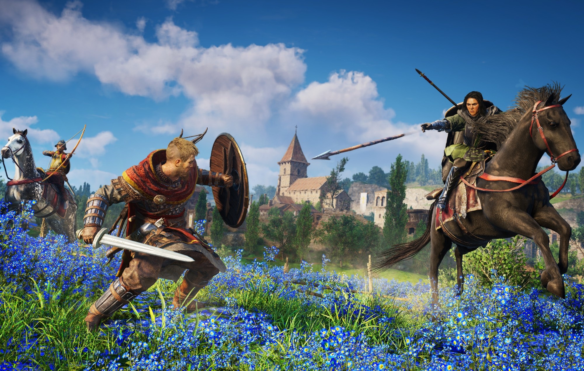 Eivor Varinsdottir, Mounted Frankish cavalry, Field of blue flowers, Assassin's Creed Valhalla: The Siege of Paris, HD Desktop wallpaper