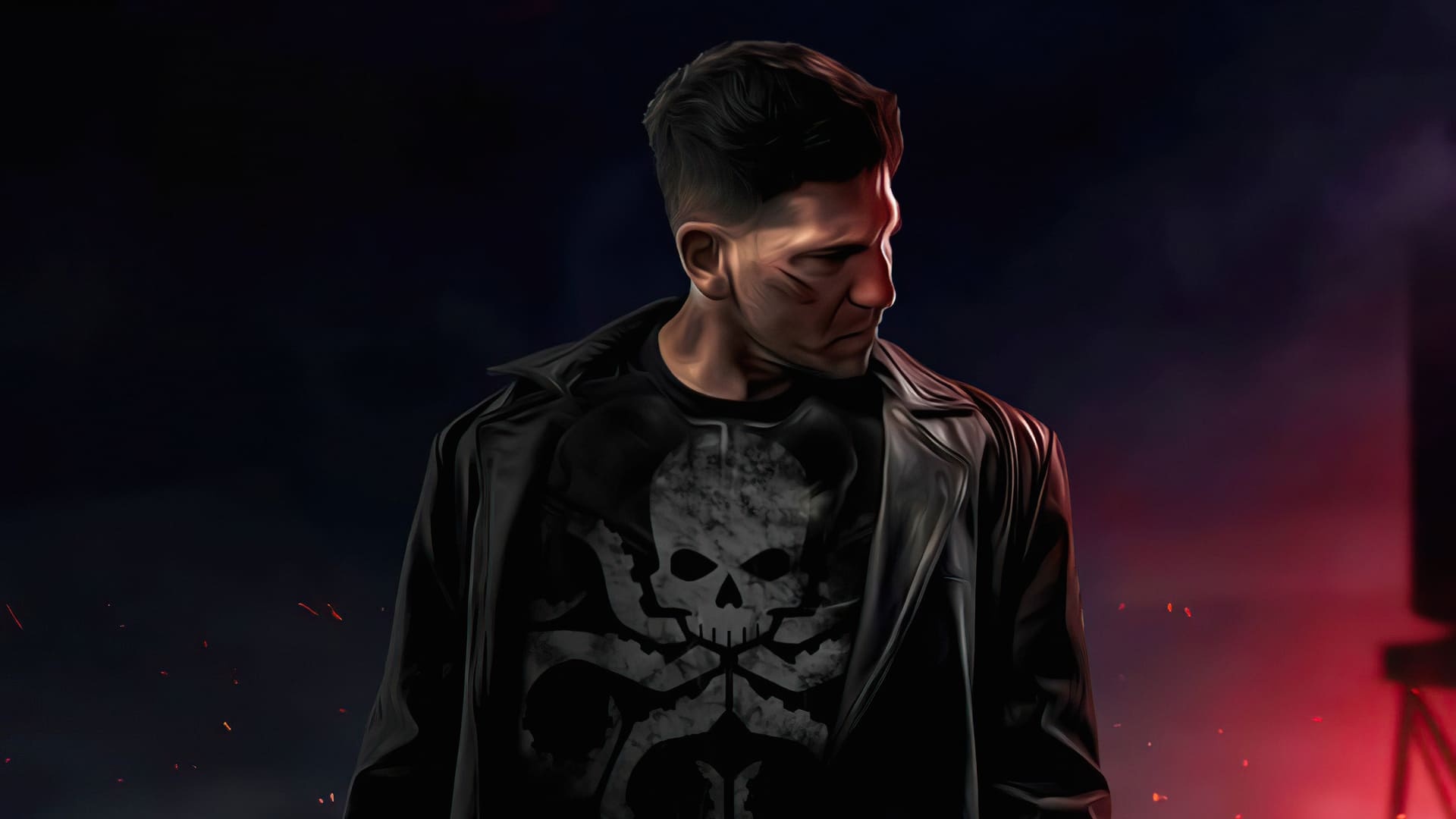 Jon Bernthal as Frank Castle, The Punisher skull shirt, Black leather trench coat, Full HD Desktop wallpaper