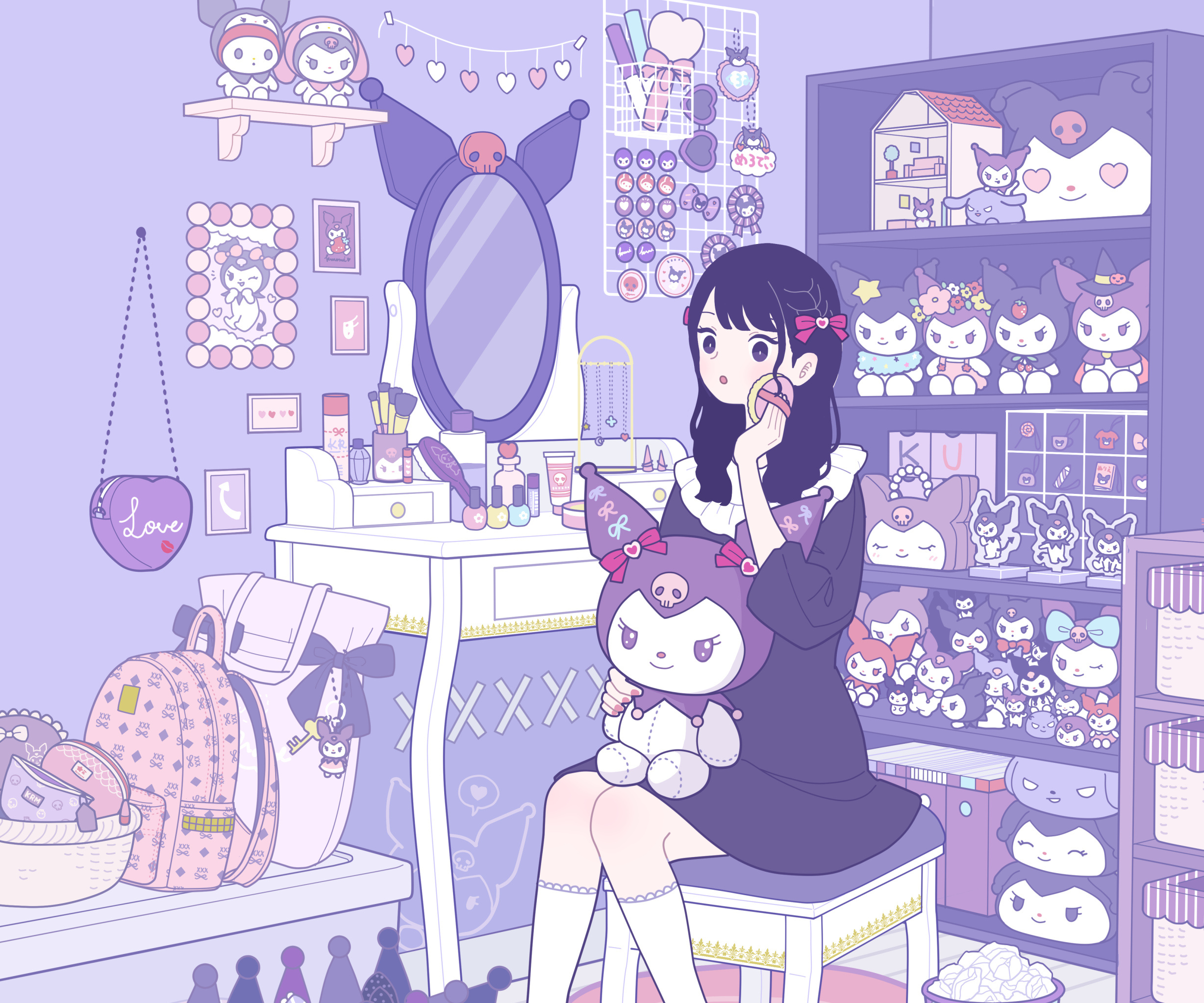 Kuromi, anime girl at vanity, pastel Kuromi bedroom, HD Desktop wallpaper