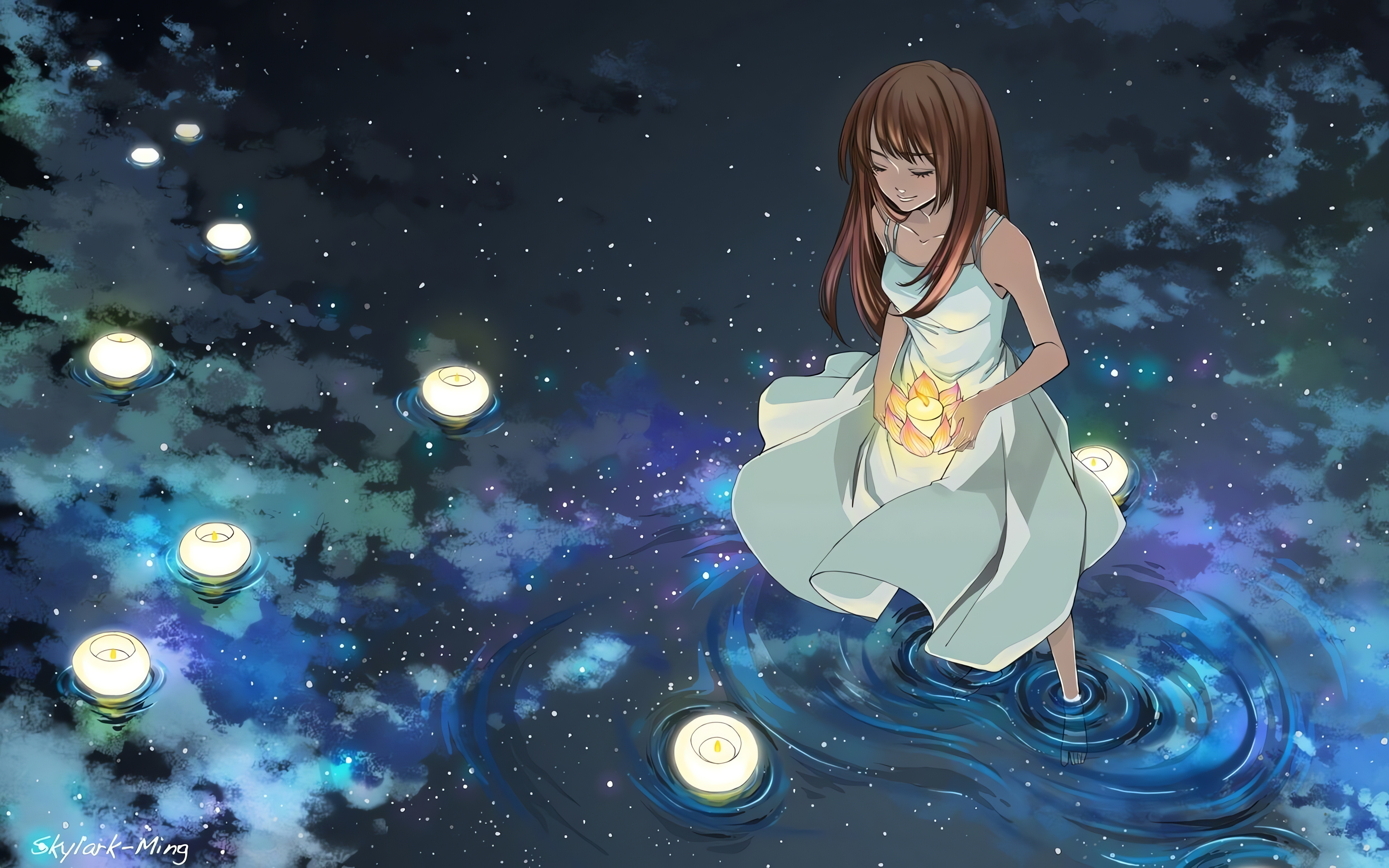 Anime Girl, Floating Candles, Starry Water, HD PC Wallpaper