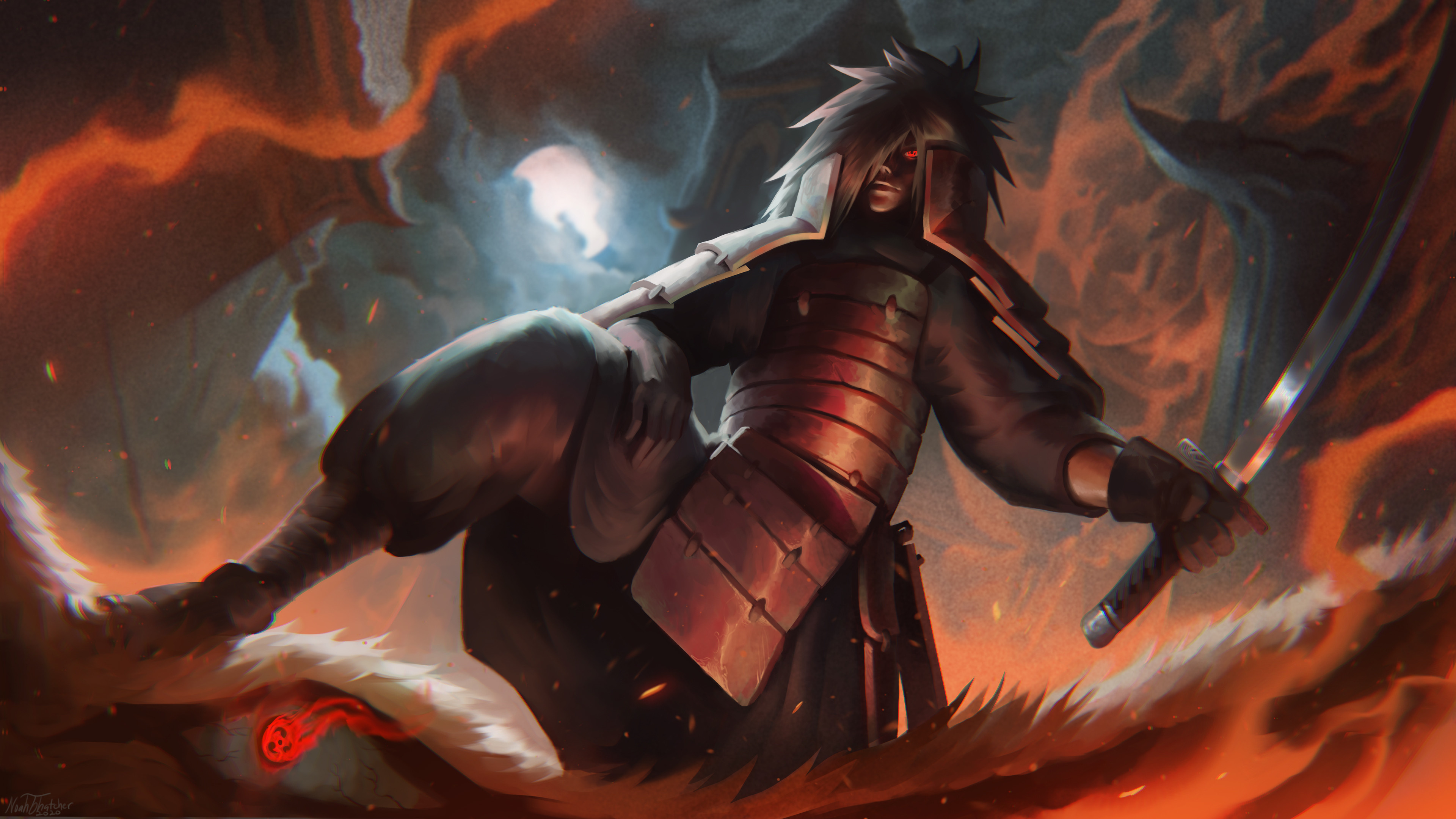 Madara Uchiha, Naruto Shippuden, red samurai armor, 4K Desktop wallpaper