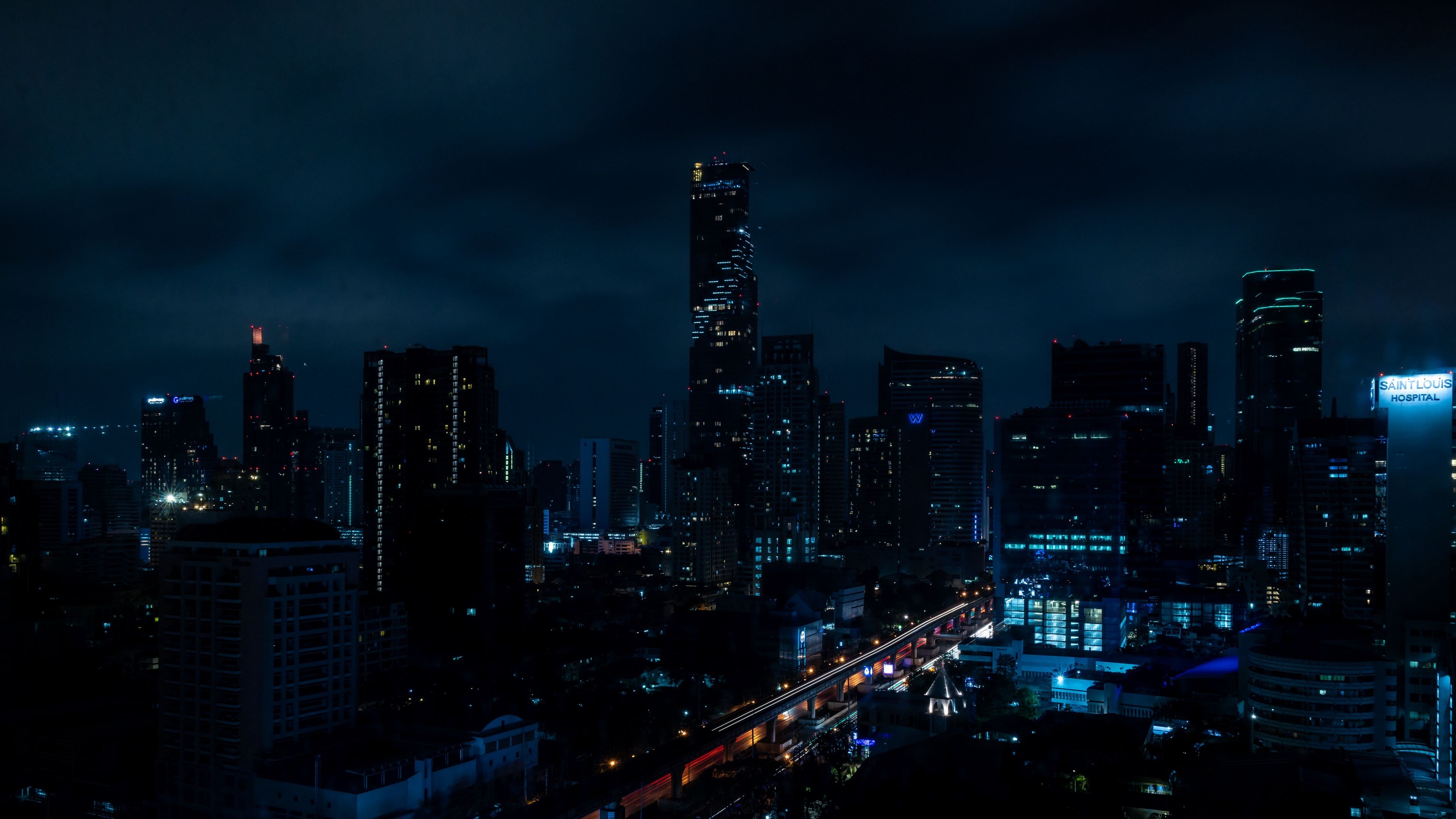 King Power Mahanakhon, Saint Louis Hospital, Bangkok night skyline, 4K Desktop wallpaper
