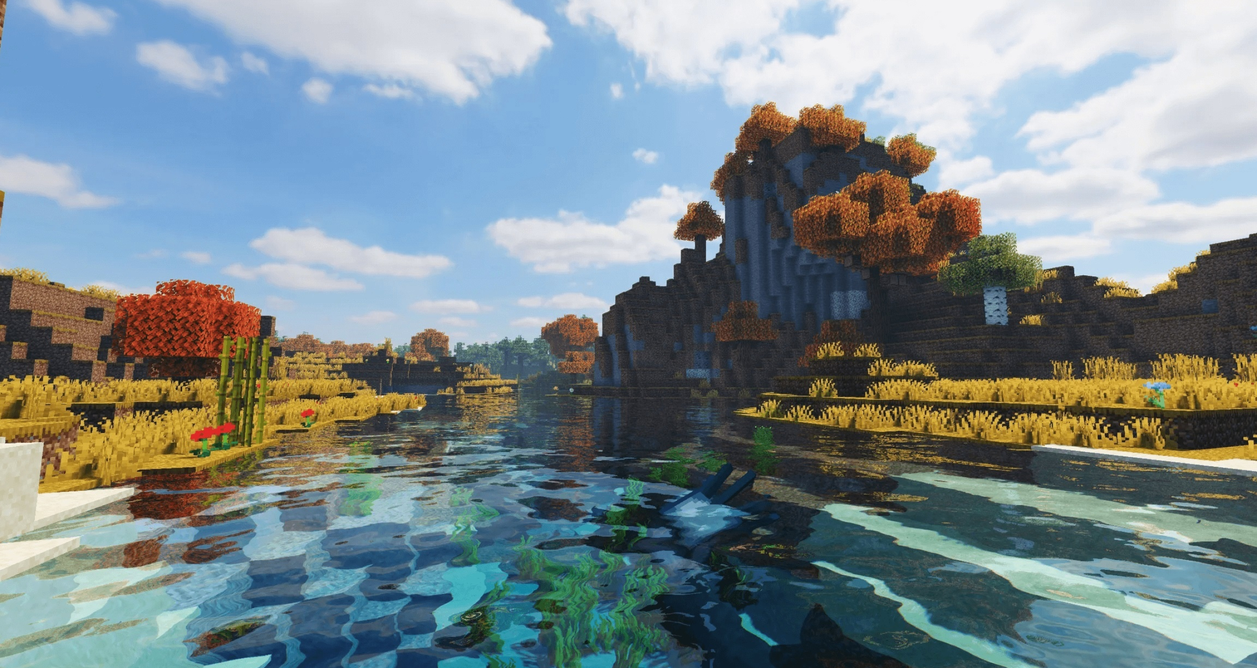 Minecraft autumn landscape, realistic shader water, orange autumn trees, HD Desktop wallpaper