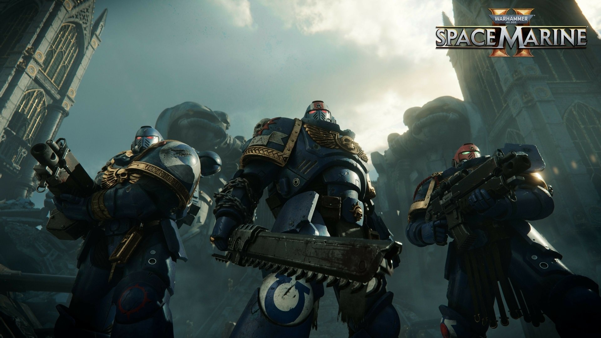 Warhammer 40,000: Space Marine 2 logo, Ultramarines squad, Astartes chainsword, Full HD Desktop wallpaper