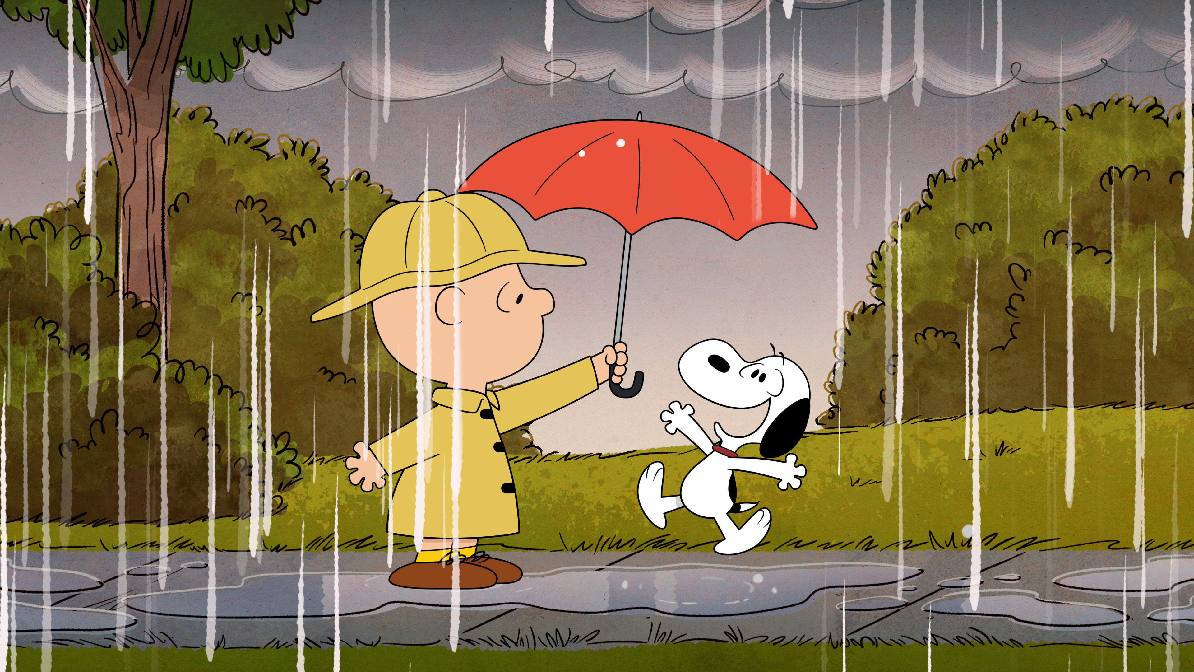 Snoopy, Charlie Brown, red umbrella, 4K Desktop wallpaper