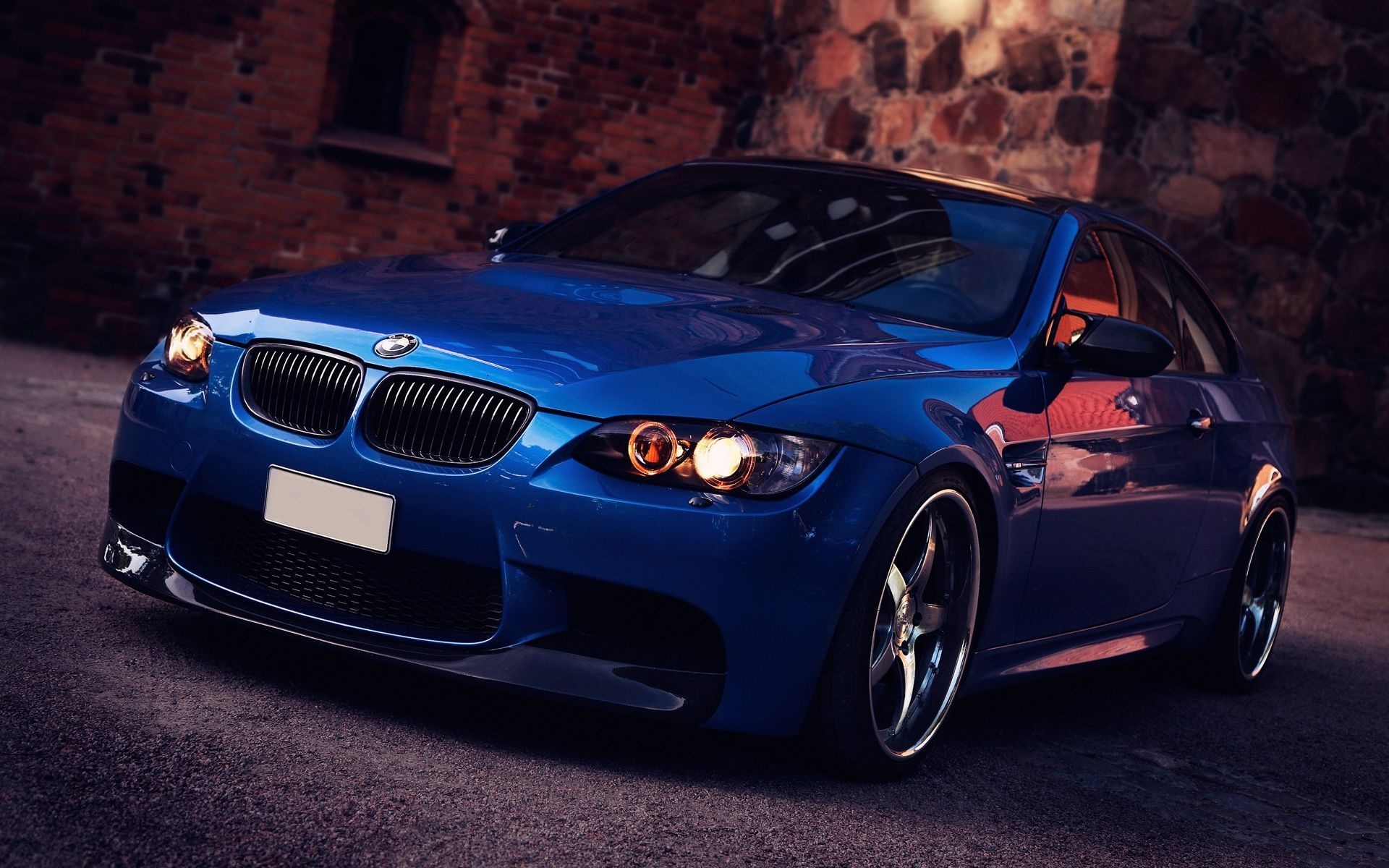 BMW M3 E92 coupe, brick wall backdrop, halo headlights, HD Desktop wallpaper
