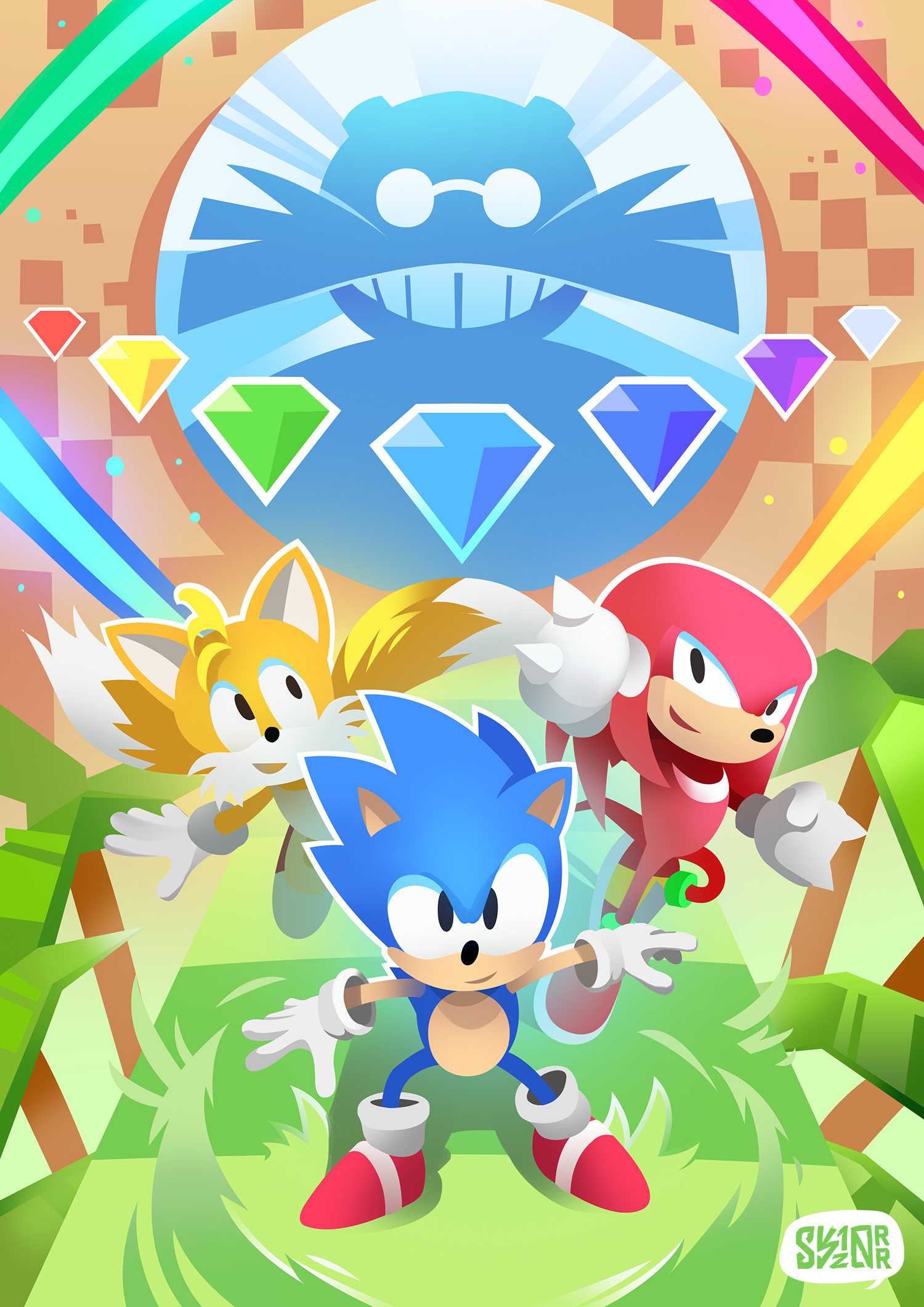 Sonic the Hedgehog, Miles Tails Prower, Knuckles the Echidna, Dr. Eggman silhouette emblem, Seven Chaos Emeralds, HD Phone wallpaper