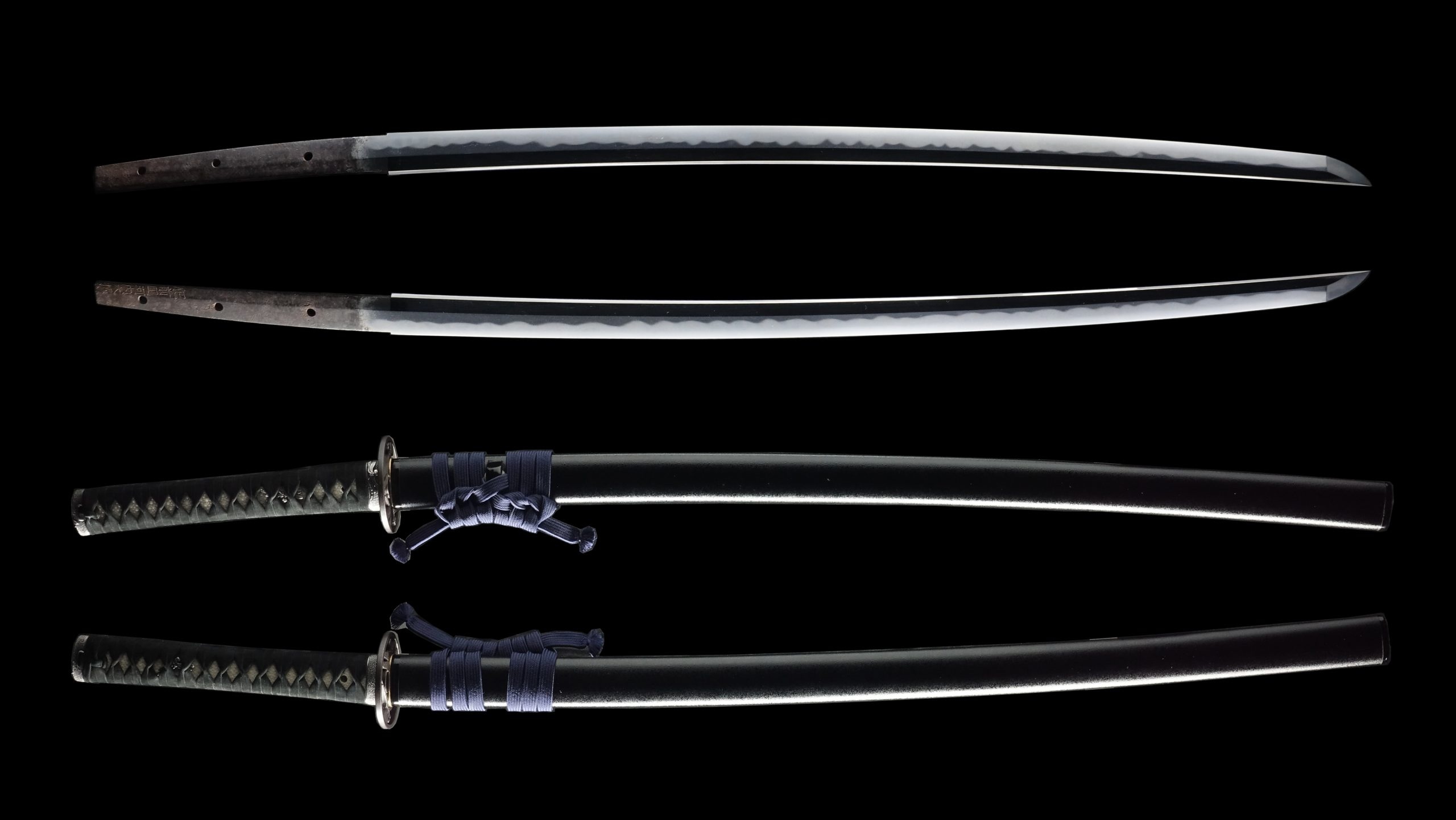Japanese Katana sword blade, Black saya scabbard, Wavy hamon temper line, HD Desktop wallpaper