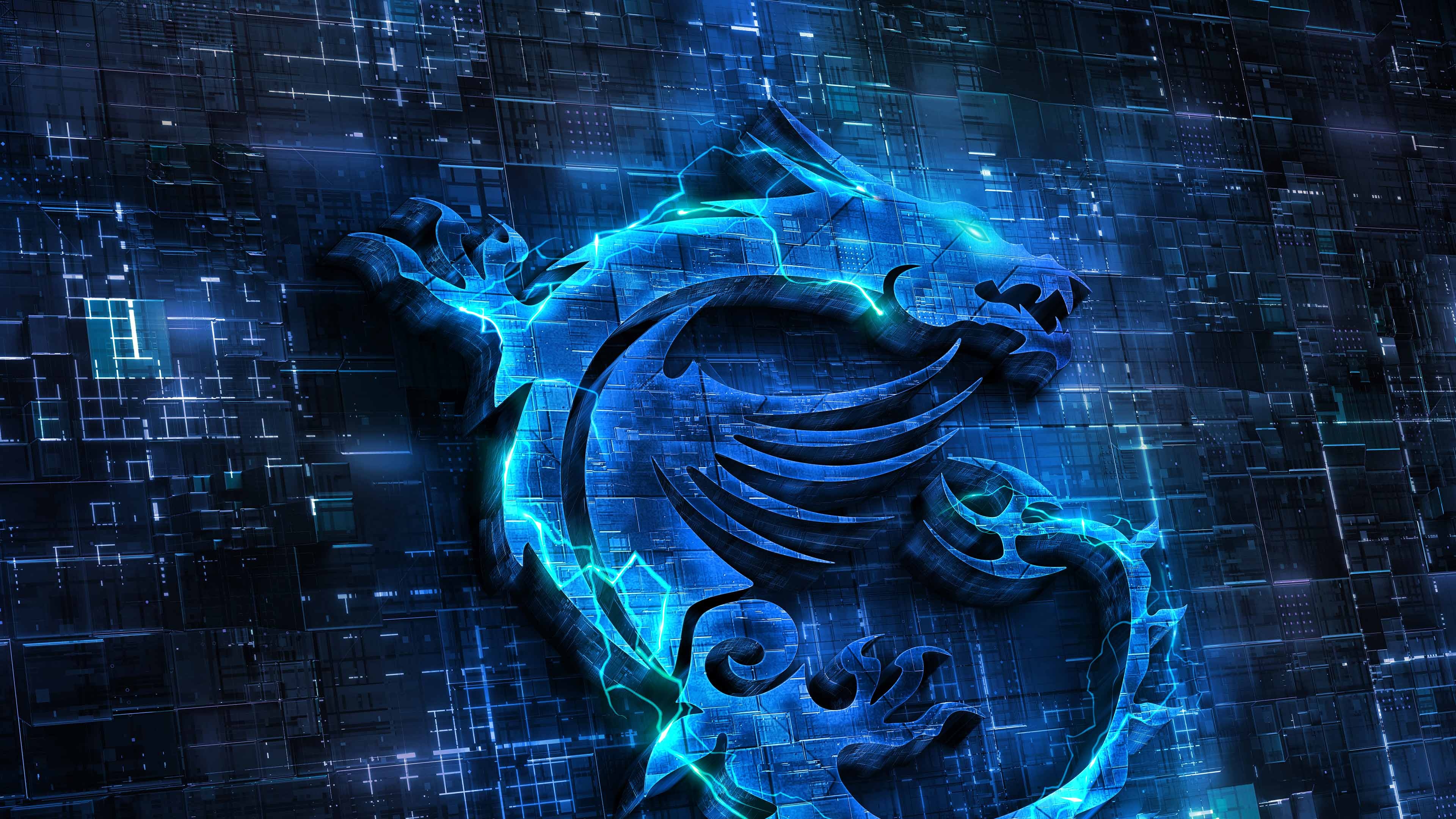 MSI Gaming dragon emblem, electric blue lightning arcs, cybernetic motherboard texture, 4K Desktop wallpaper