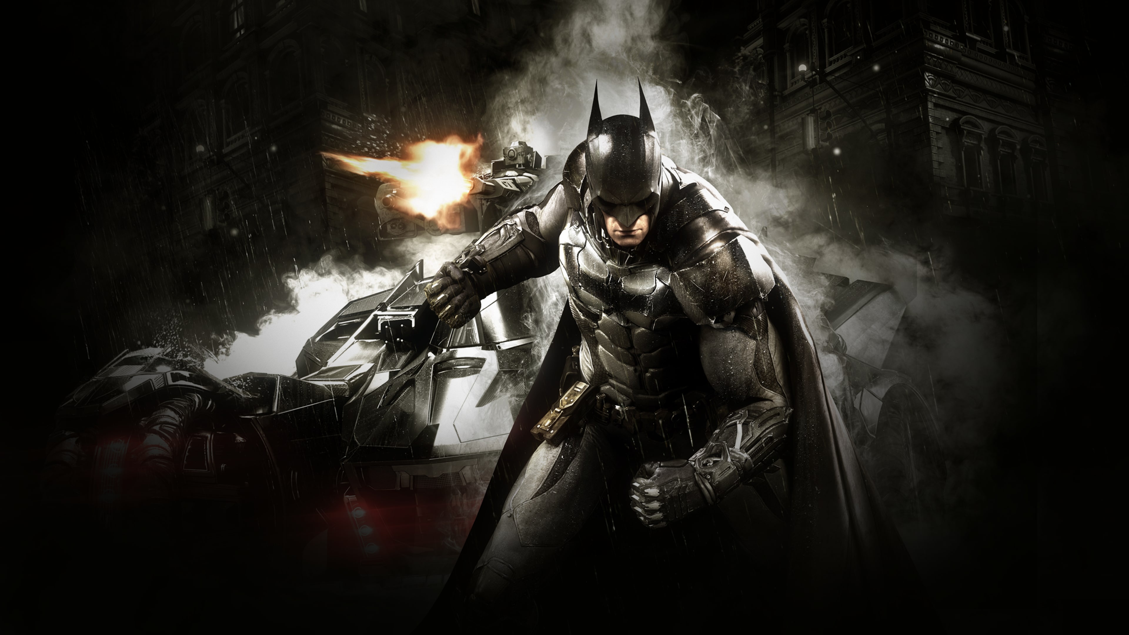 Batman Arkham Knight suit, Arkham Knight Batmobile, Gotham City street backdrop, 4K Desktop wallpaper
