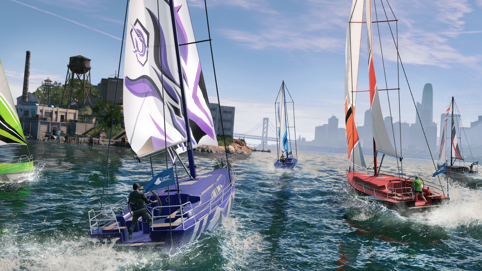 Marcus Holloway, racing sailboat, San Francisco Bay, San Francisco skyline, Full HD Desktop wallpaper