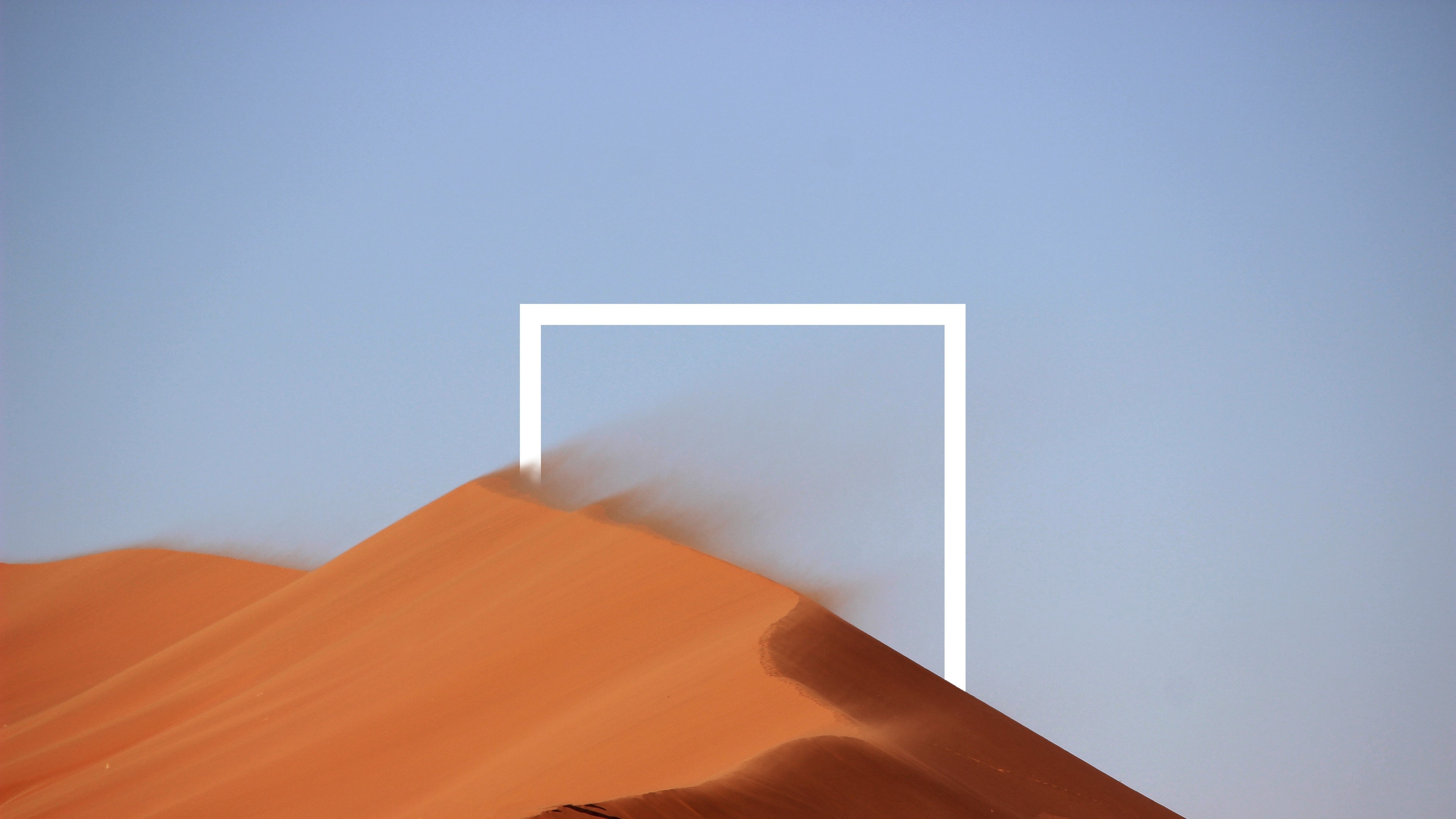 white geometric square frame, orange desert sand dune, clear pale blue sky, 4K Desktop wallpaper