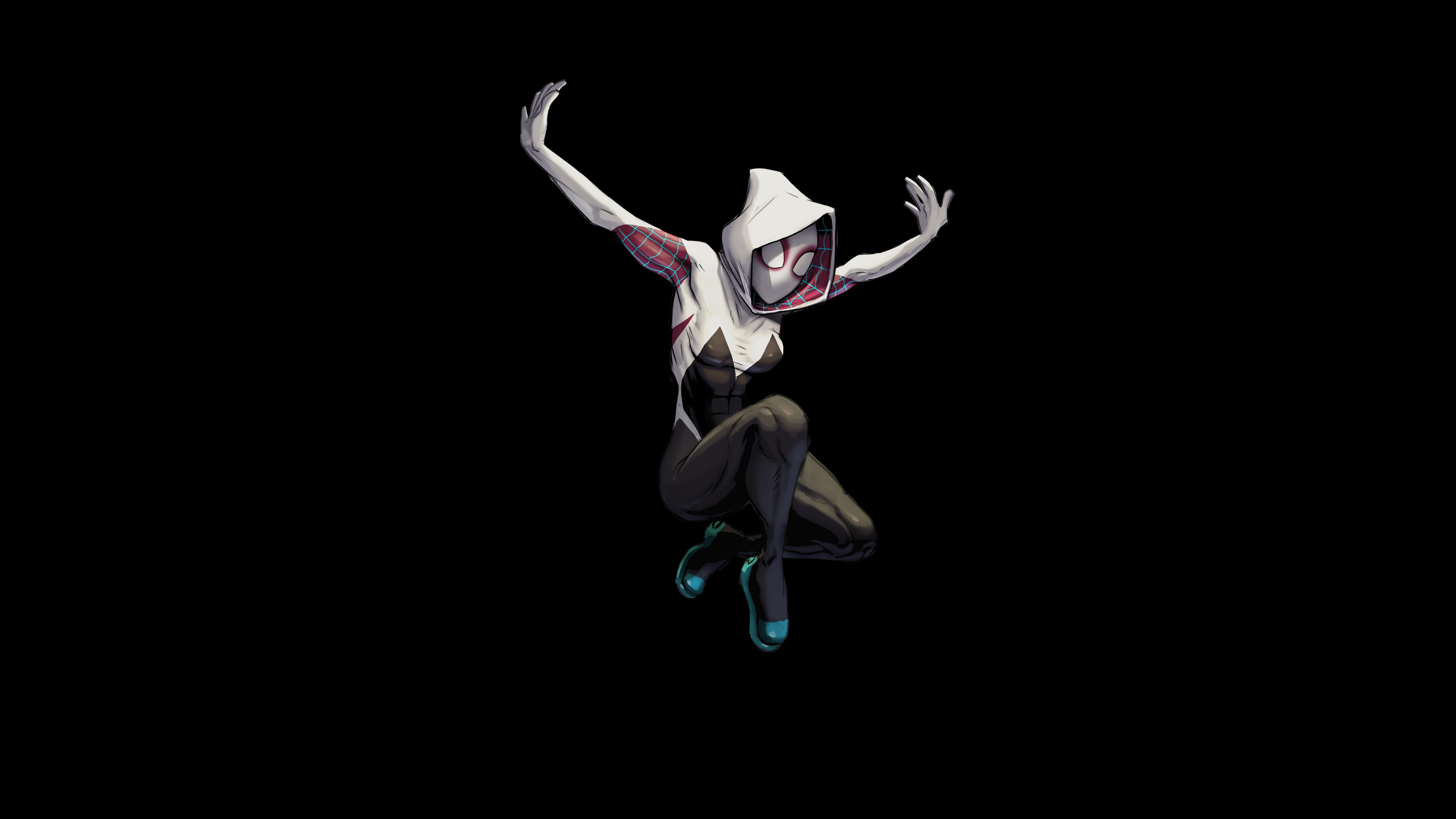 Hooded white bodysuit, Spider-Gwen (Gwen Stacy), Solid black background, 4K Desktop wallpaper