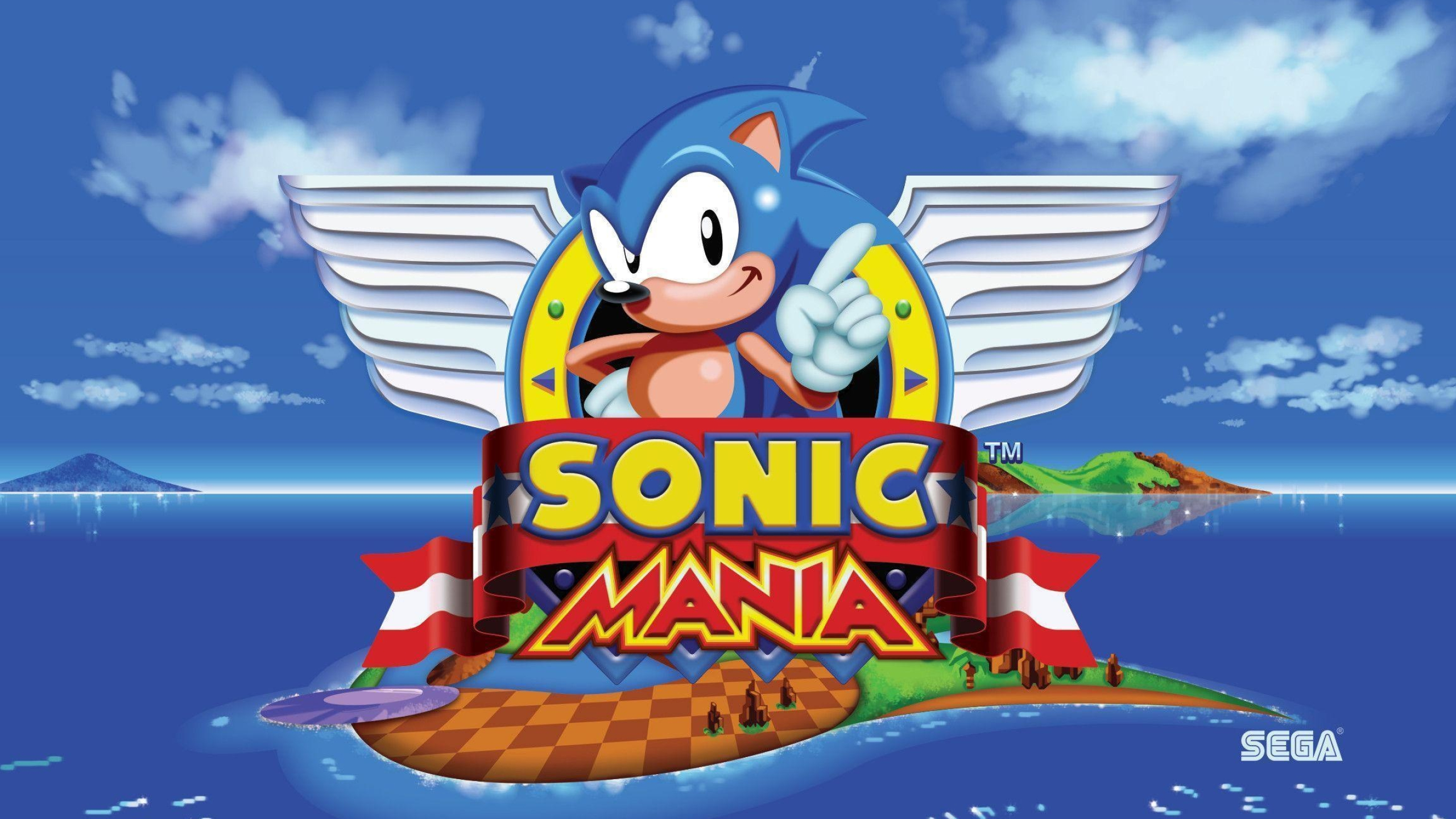 Sonic Mania title screen, Sonic the Hedgehog pointing, Winged logo emblem, Pixel island and sea, HD Desktop wallpaper
