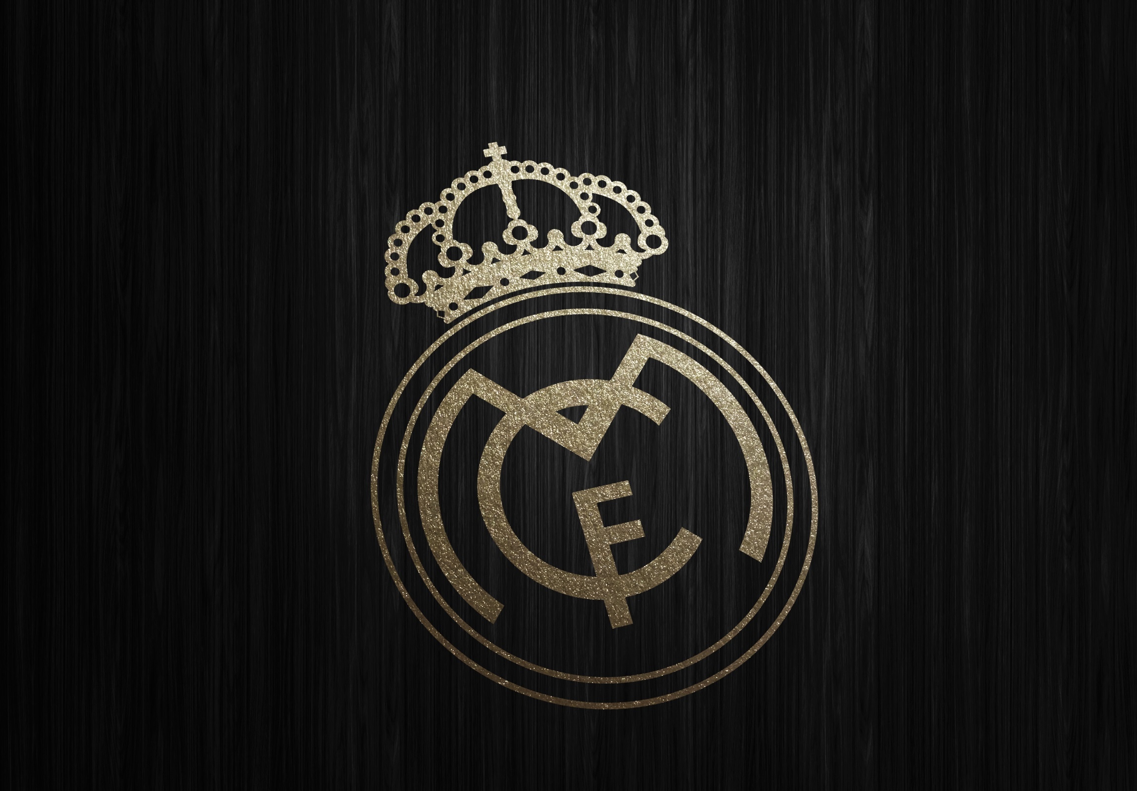 Real Madrid CF crest, gold glitter texture, black wood grain, HD Desktop wallpaper