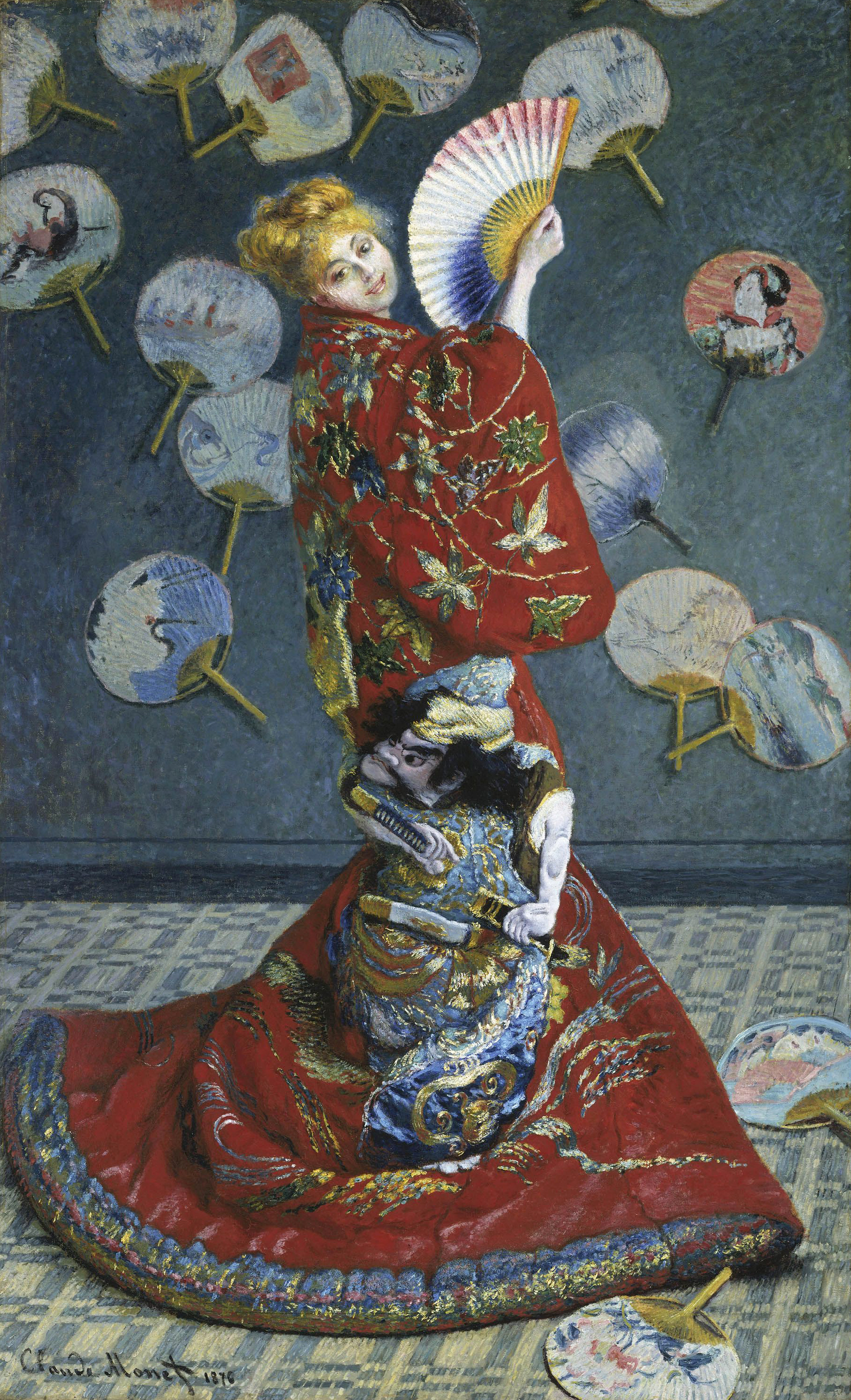 La Japonaise, Embroidered red kimono, Japanese uchiwa fans, HD Phone wallpaper