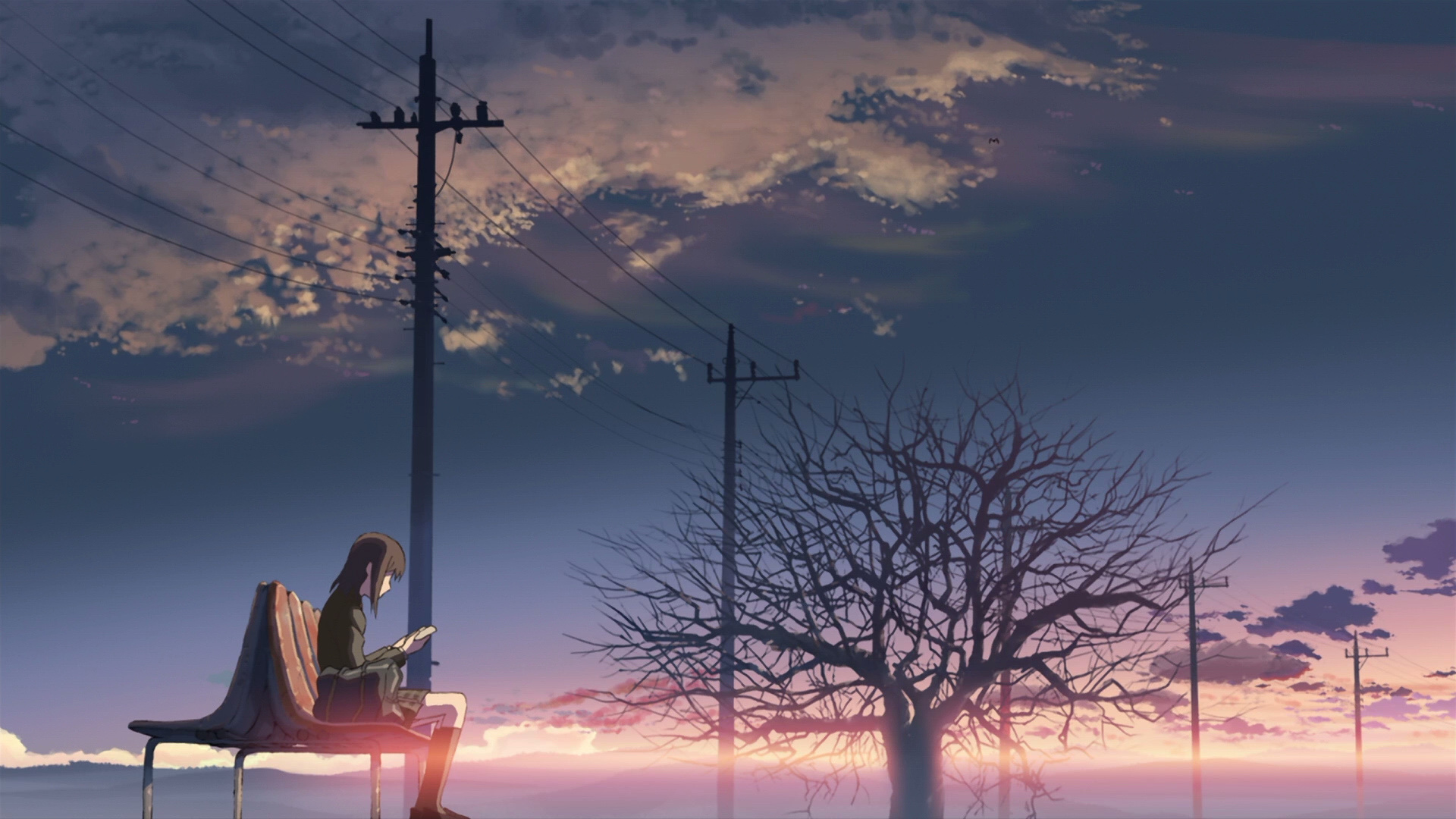 Akari Shinohara on bench, 5 Centimeters per Second, Bare tree at sunset, Full HD Desktop wallpaper