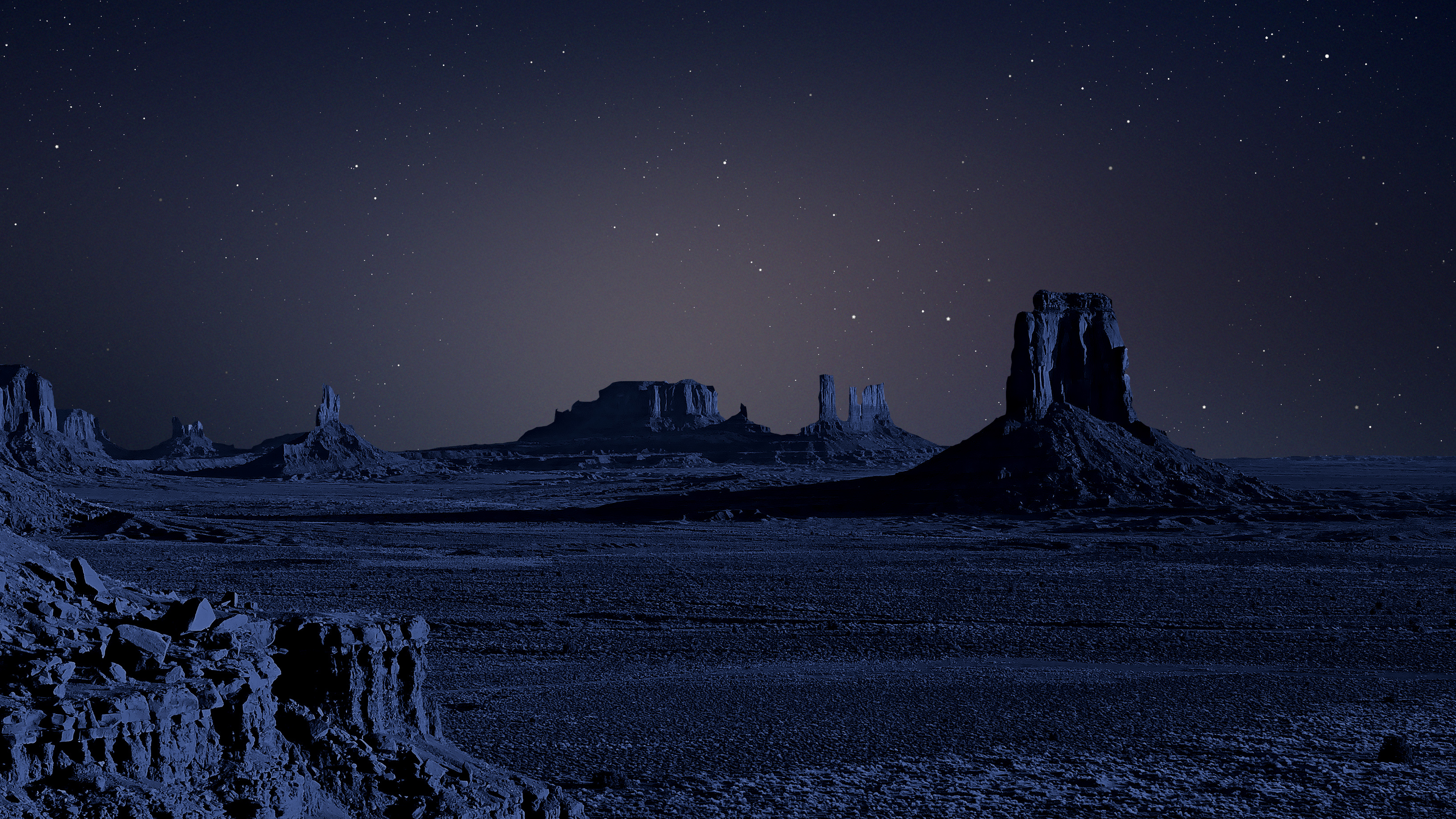 Monument Valley, starry night sky, moonlit desert landscape, HD Desktop wallpaper