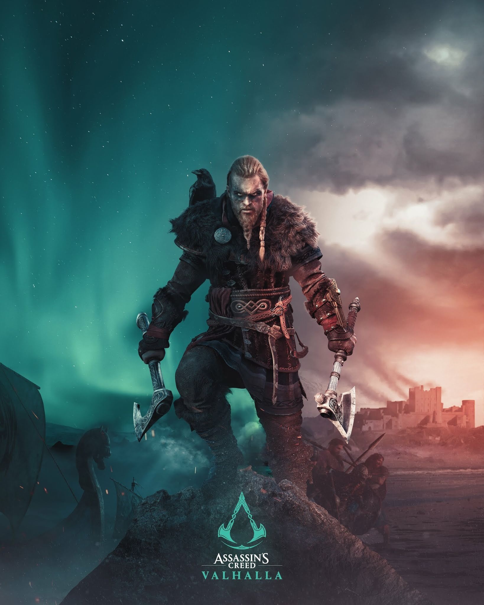 Eivor, Assassin's Creed Valhalla logo, Aurora borealis night sky, HD Phone wallpaper