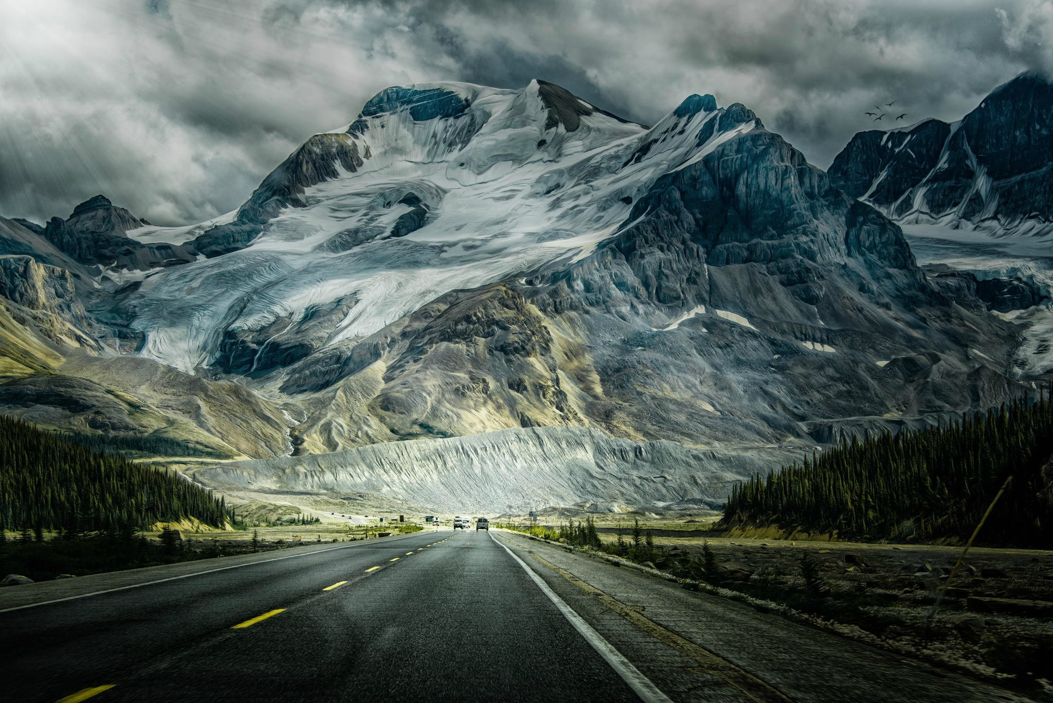 Icefields Parkway, glaciated mountain peak, two-lane asphalt highway, HD Desktop wallpaper
