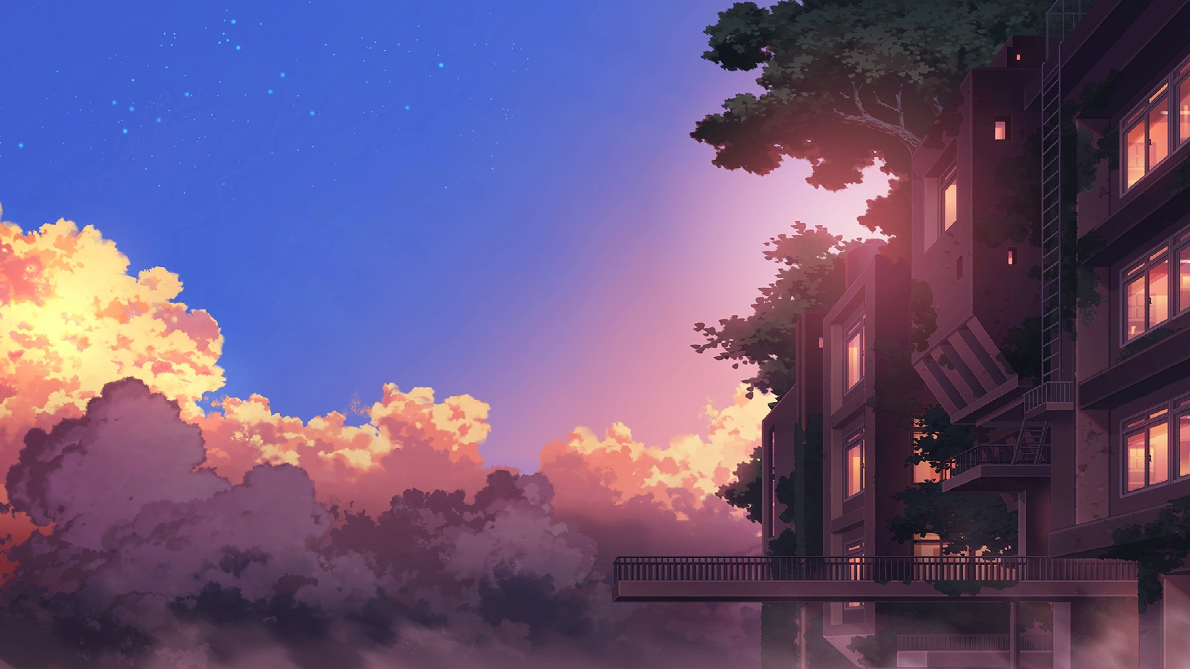 illuminated modern building, sunset cumulus clouds, starry twilight sky, 4K Desktop wallpaper
