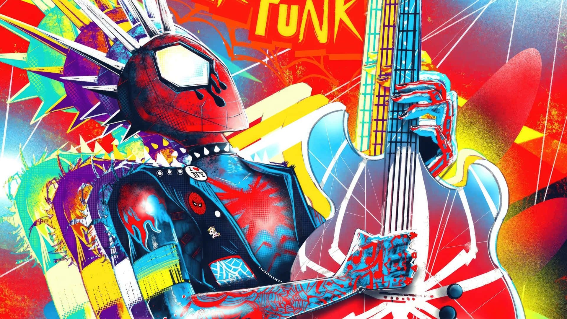 Across the Spider-Verse, Spider-Punk (Hobie Brown), Playing electric guitar, Spiked mohawk mask, Vibrant graffiti background, Full HD Desktop wallpaper