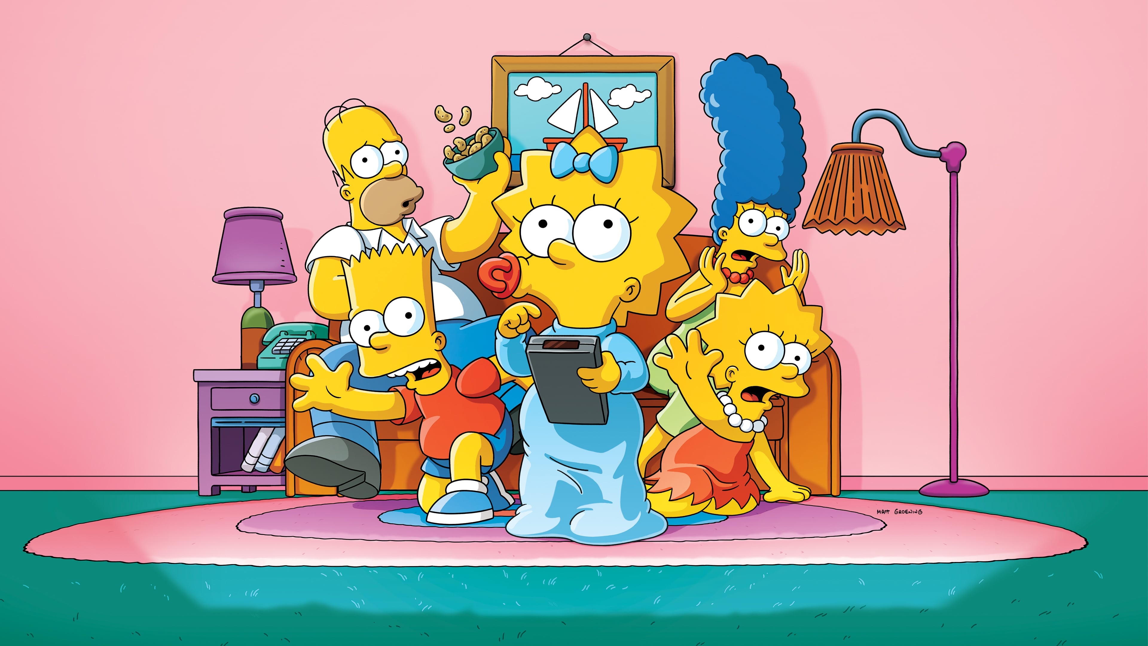 Maggie Simpson holding remote, Bart Simpson, Homer Simpson, Marge Simpson, Lisa Simpson, 4K Desktop wallpaper
