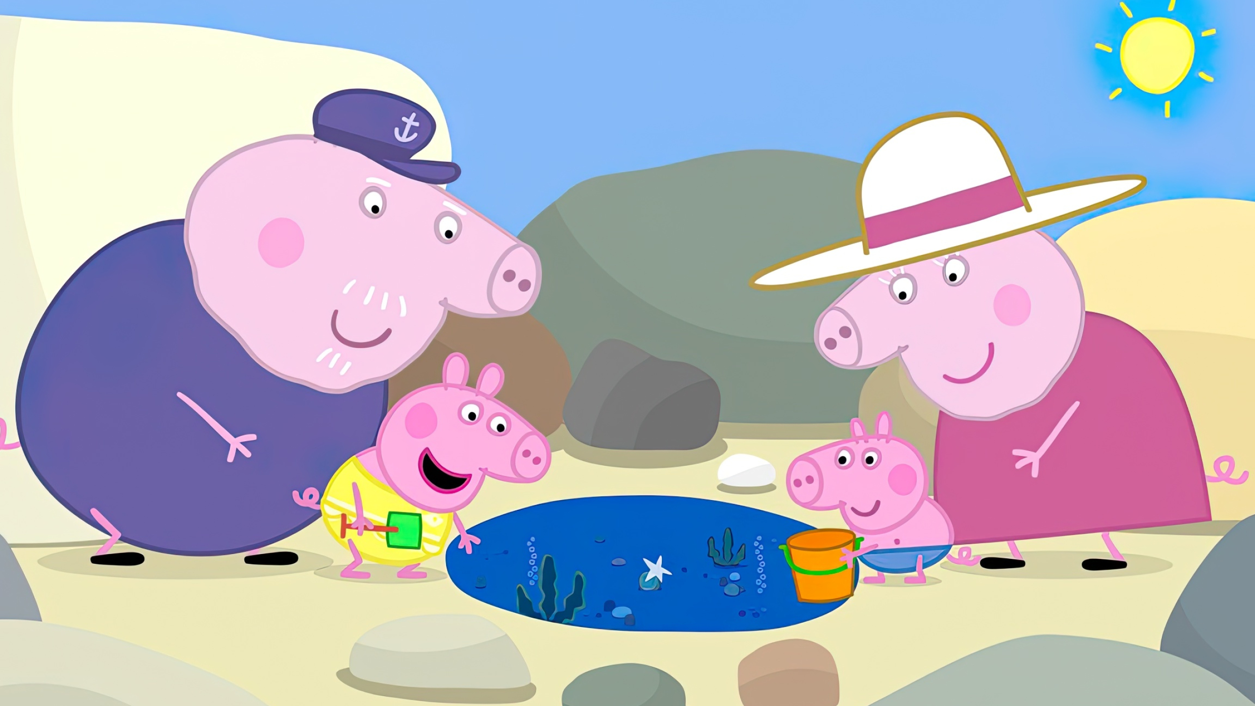 Grandpa Pig, Granny Pig, Peppa Pig, George Pig, Beach tide pool, HD Desktop wallpaper