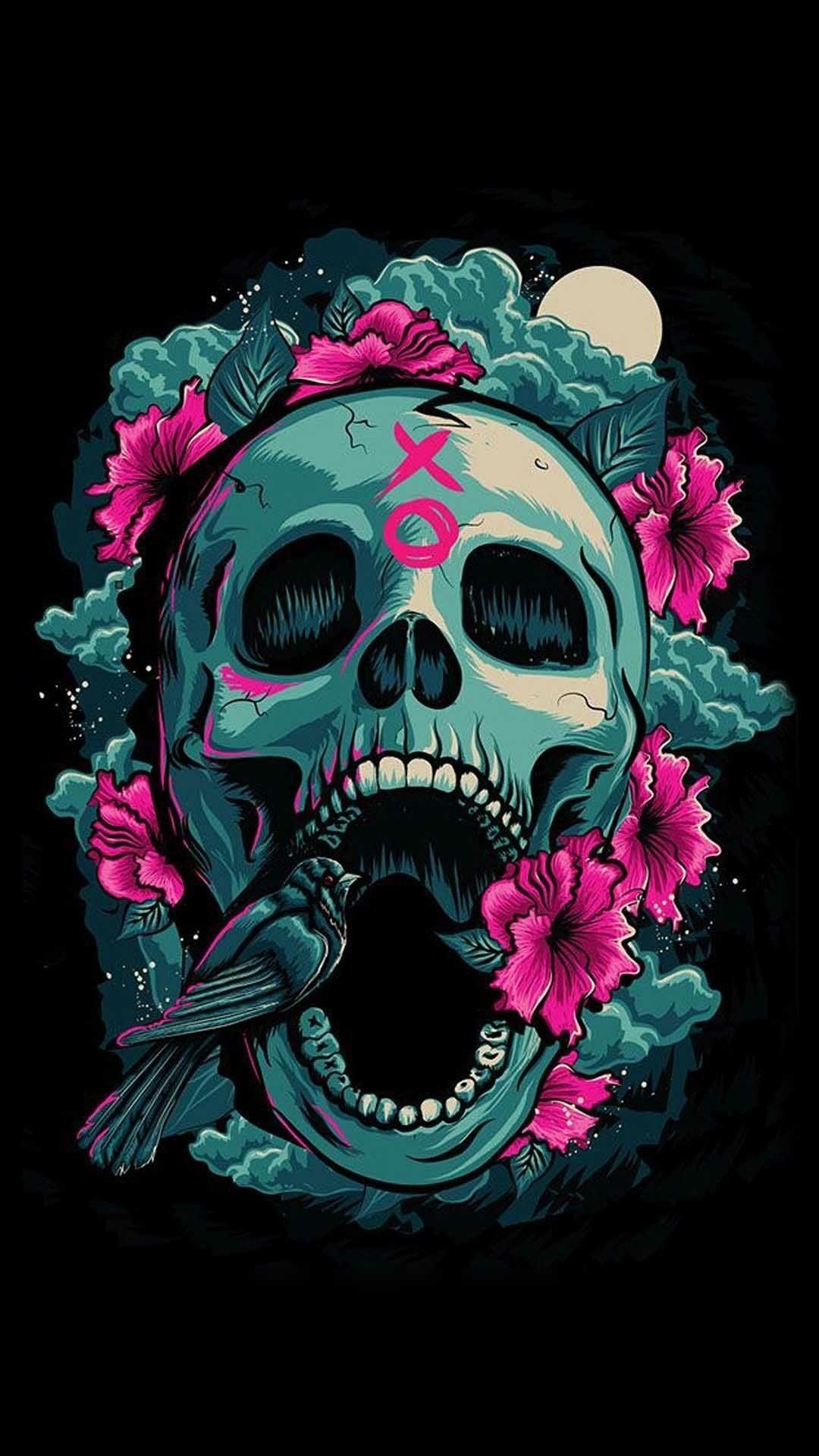 Teal skull with hibiscus, Black bird on jaw, Moonlit cloud halo, Full HD Phone wallpaper