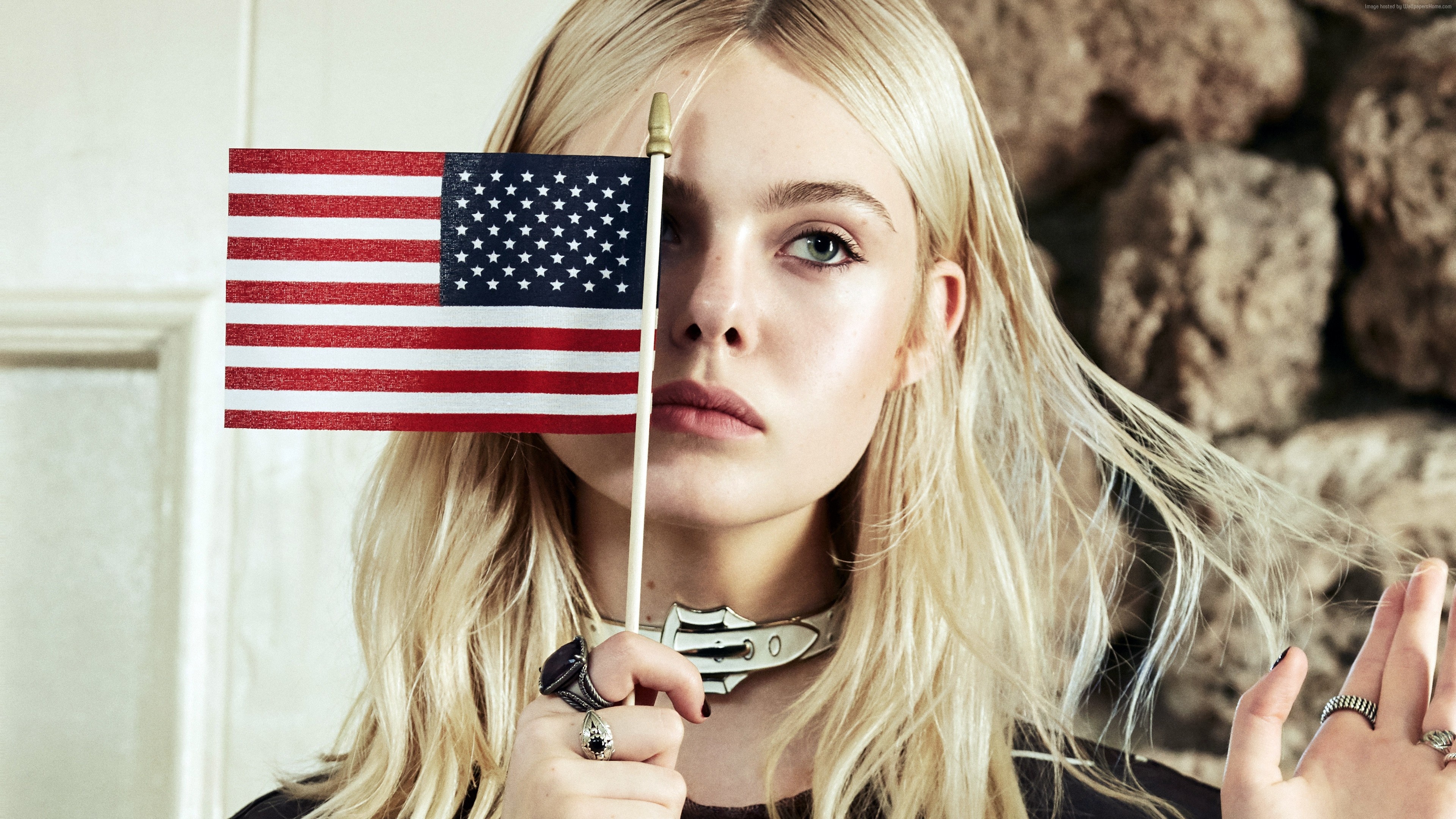 Elle Fanning, USA Flag, Ultra HD, Background, 3840x2160 4K Desktop