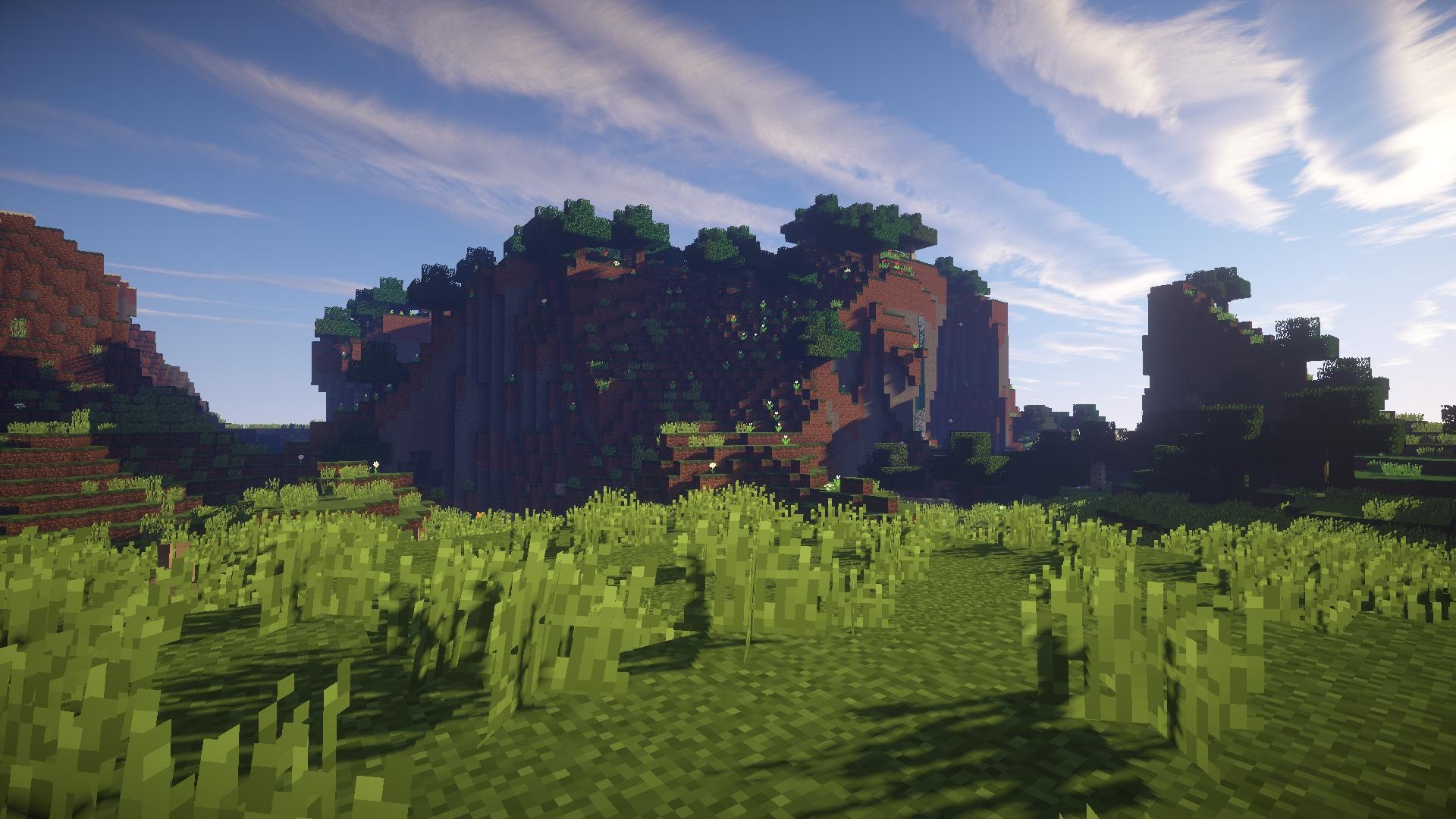Minecraft mountain terrain, Minecraft tall grass, realistic shader clouds, Full HD Desktop wallpaper