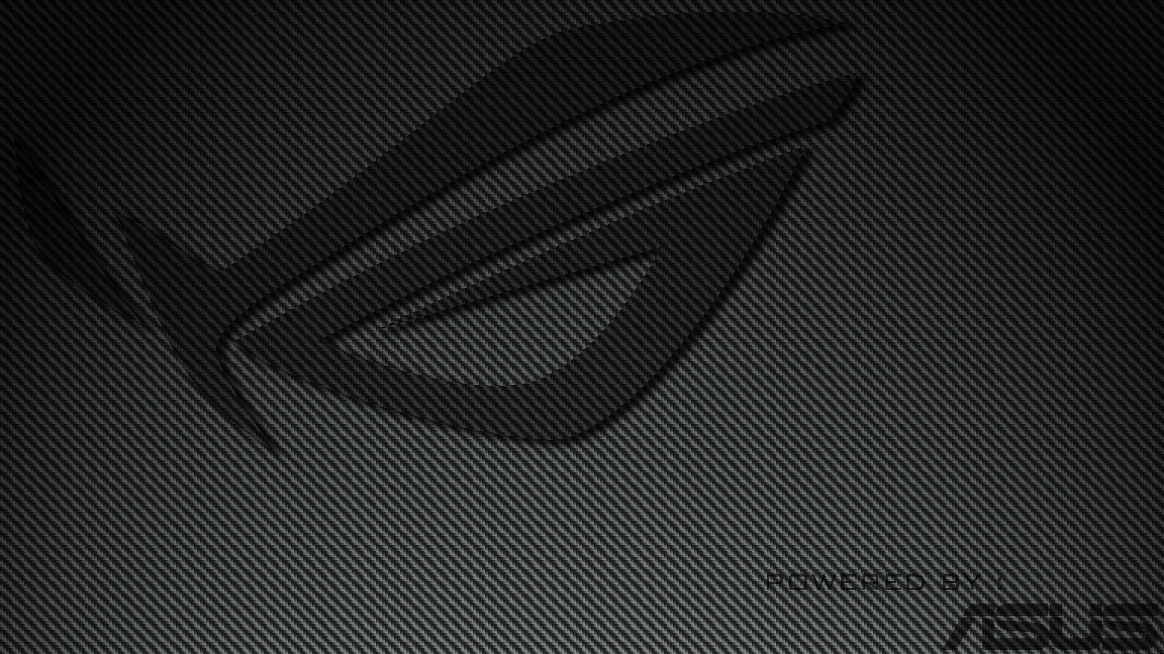 ASUS ROG logo, POWERED BY ASUS text, black carbon fiber pattern, 4K Desktop wallpaper