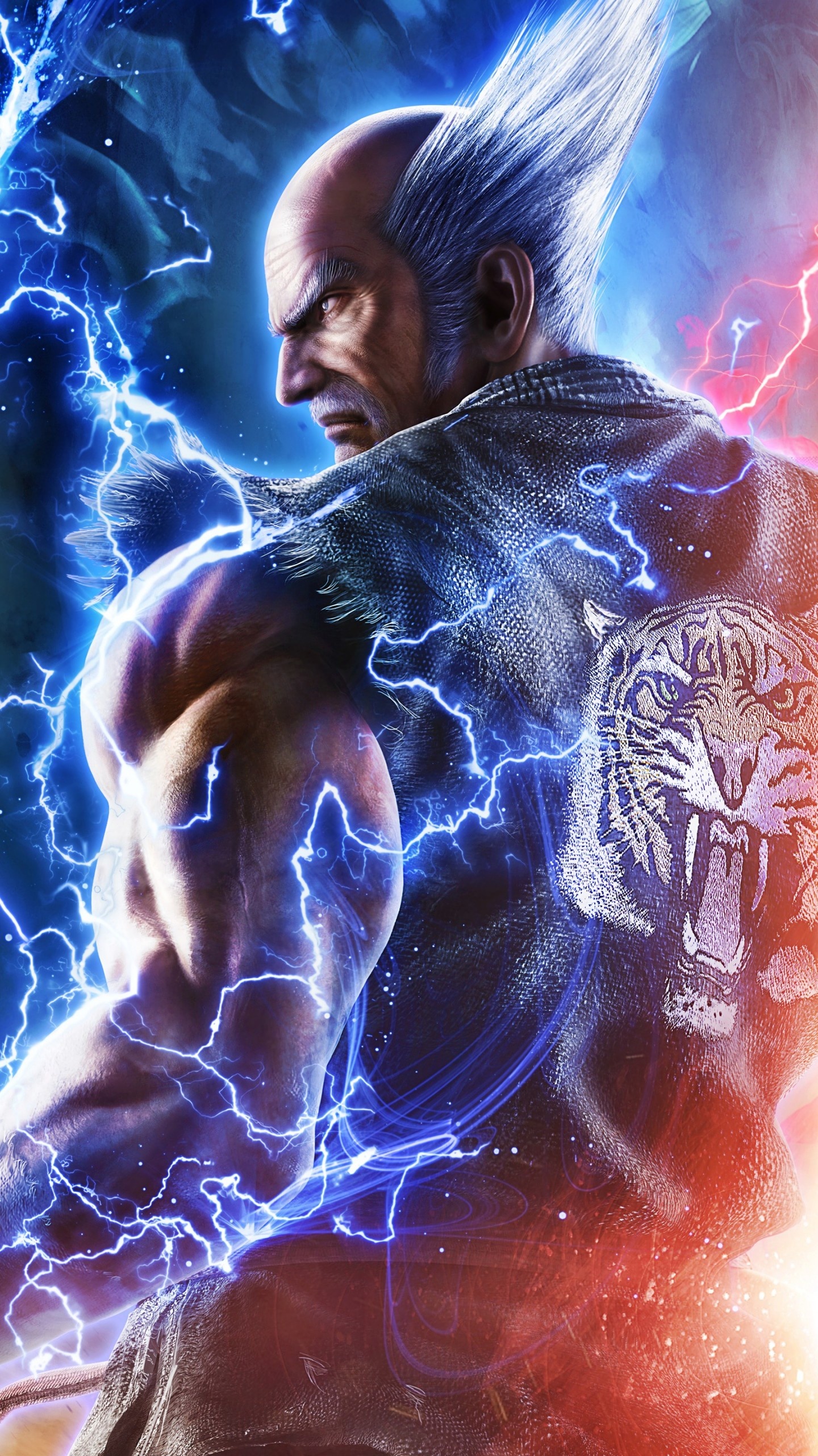 Heihachi Mishima, embroidered tiger gi, blue electric lightning, HD Phone wallpaper