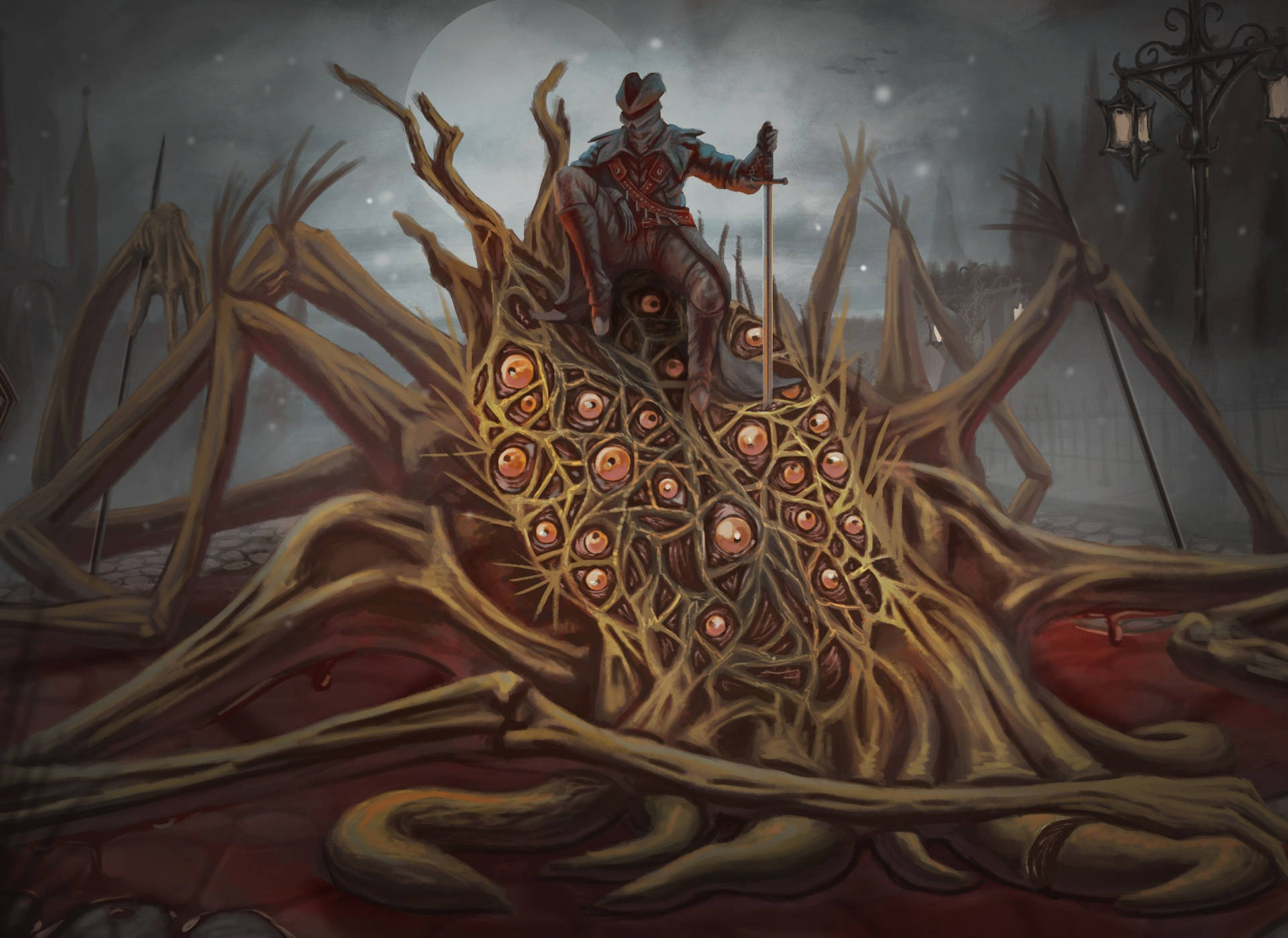 Bloodborne Hunter, multi-eyed Great One, Victorian street lamp, HD Desktop wallpaper