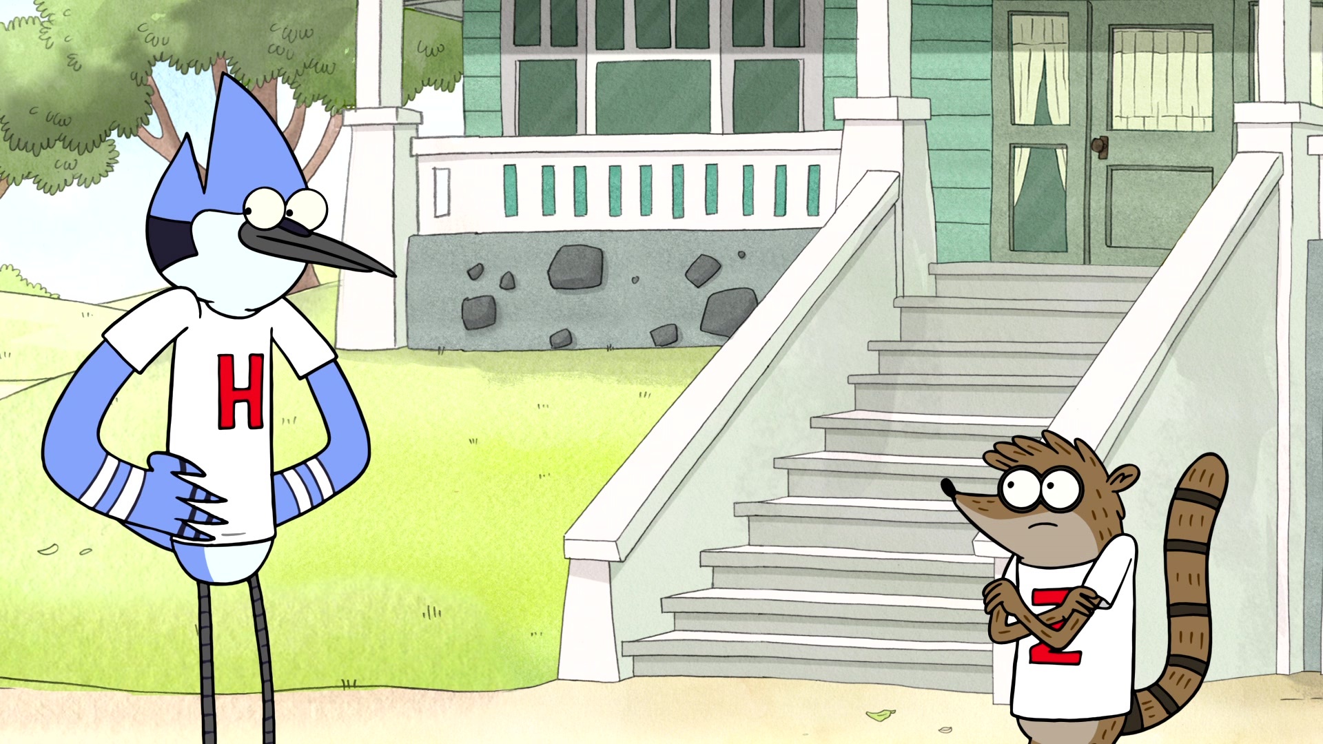 Mordecai in lettered T-shirt, Rigby in lettered T-shirt, Park house front steps, Regular Show, Full HD Desktop wallpaper