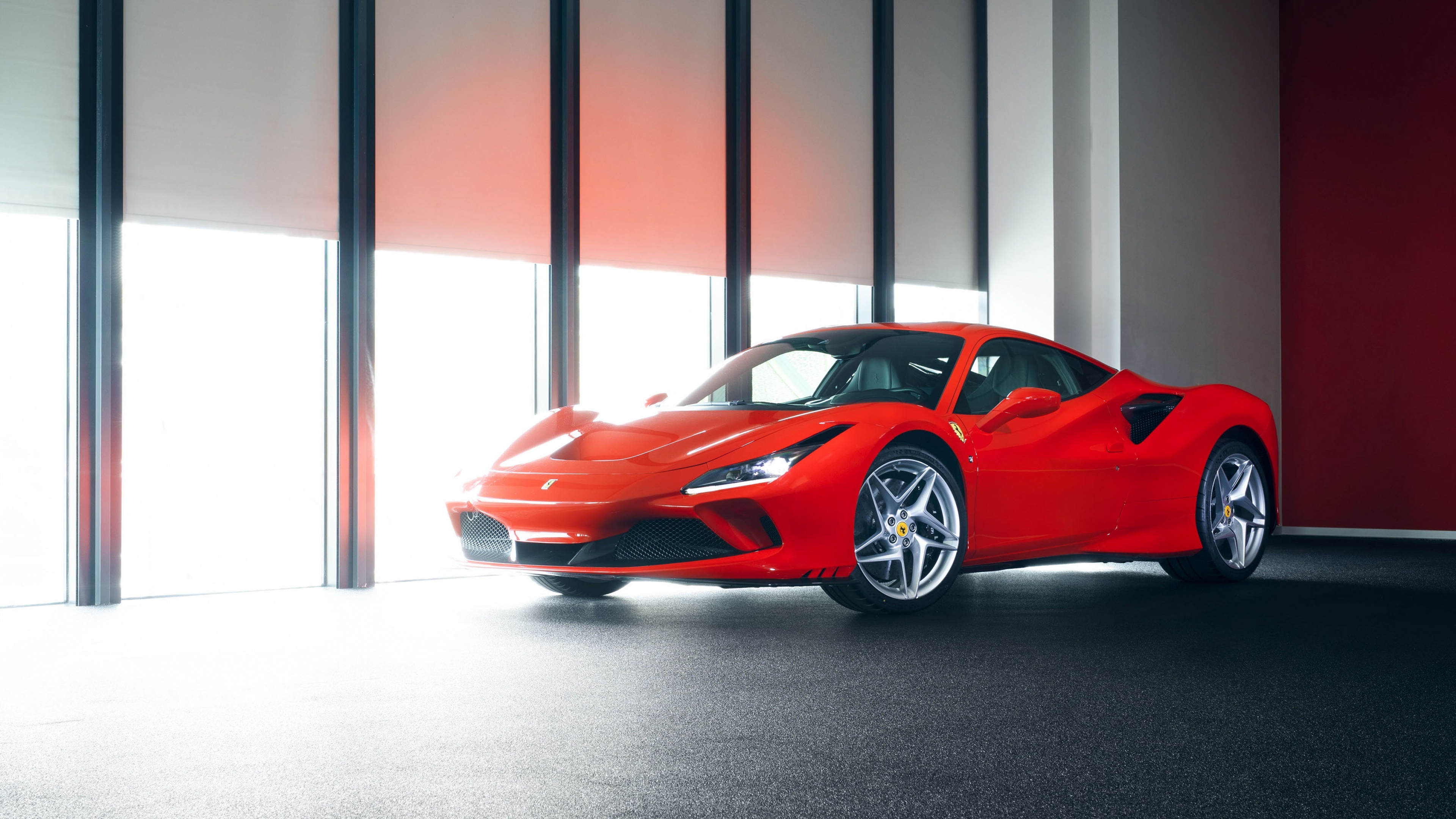 Ferrari F8 Tributo, modern showroom, rosso corsa paint, 4K Desktop wallpaper