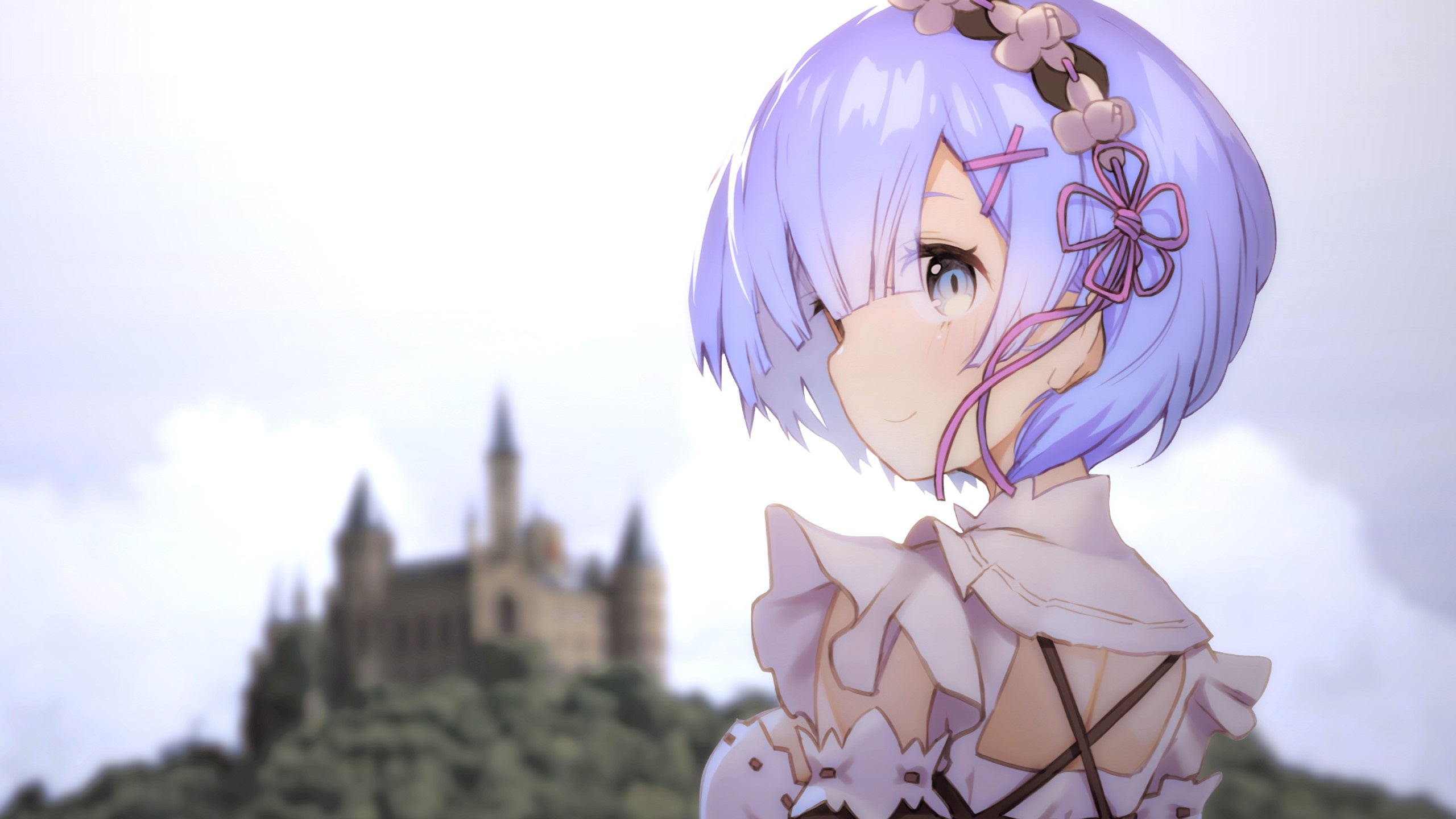 Rem from Re:Zero, Hohenzollern Castle, Pink flower hairpiece, HD Desktop wallpaper