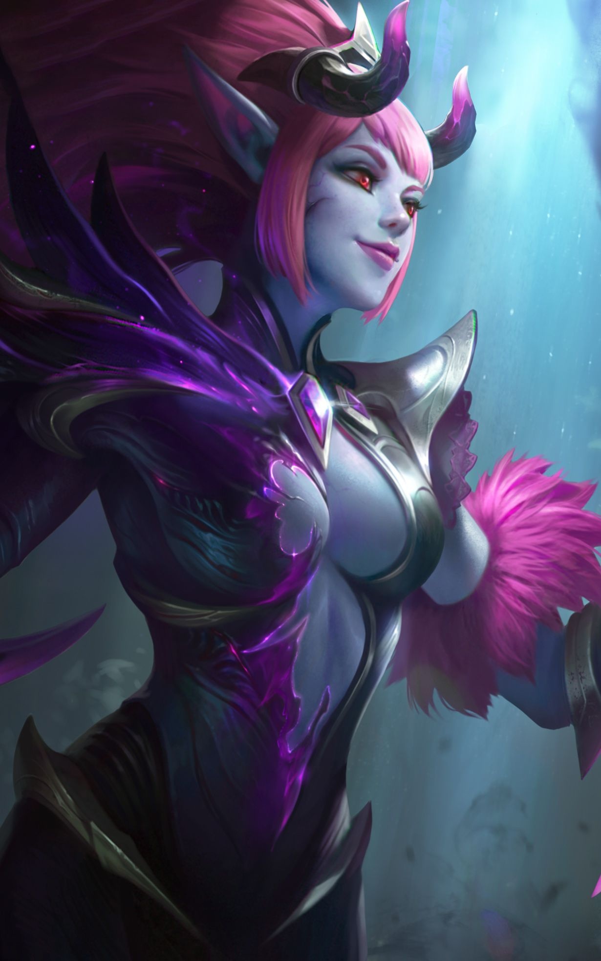 Selena Mobile Legends, curved demon horns, purple abyssal armor, HD Phone wallpaper