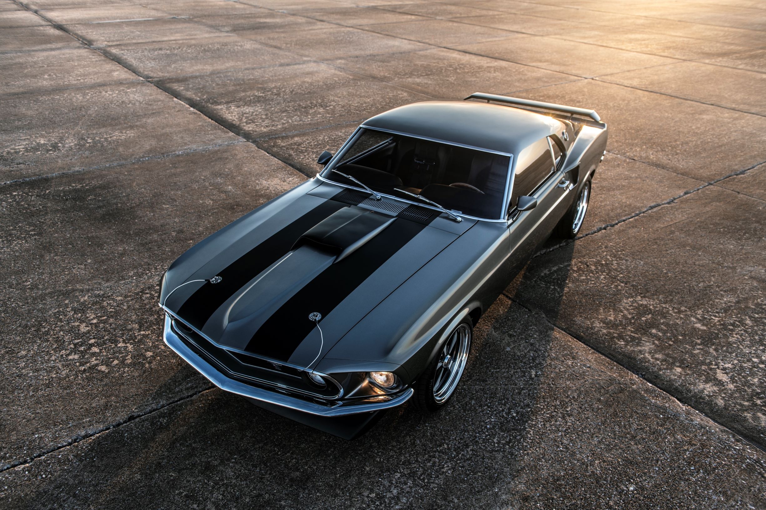 1969 Ford Mustang Mach 1, Concrete airfield tarmac, Twin black hood stripes, HD Desktop wallpaper