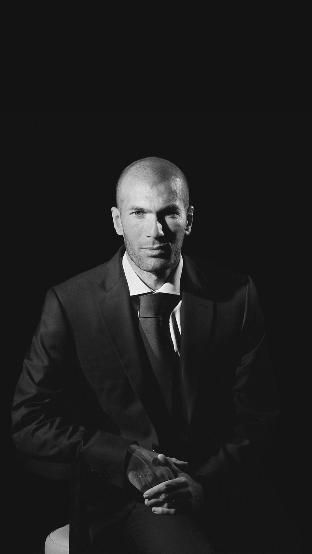 Zinedine Zidane, Black formal suit, Monochrome portrait, Full HD Phone wallpaper