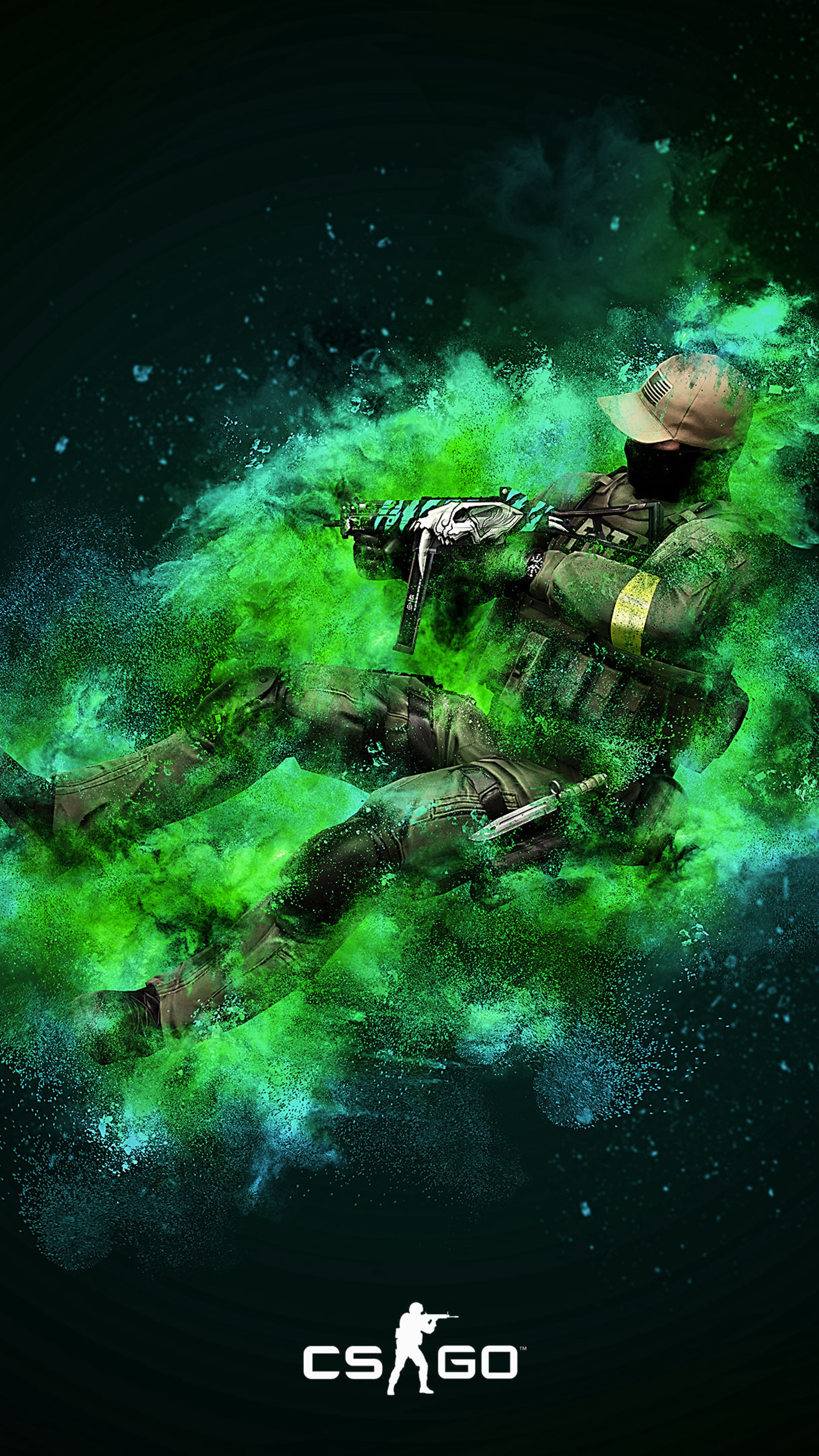 CS GO logo, CS:GO Counter-Terrorist operator, green powder explosion, 4K Phone wallpaper