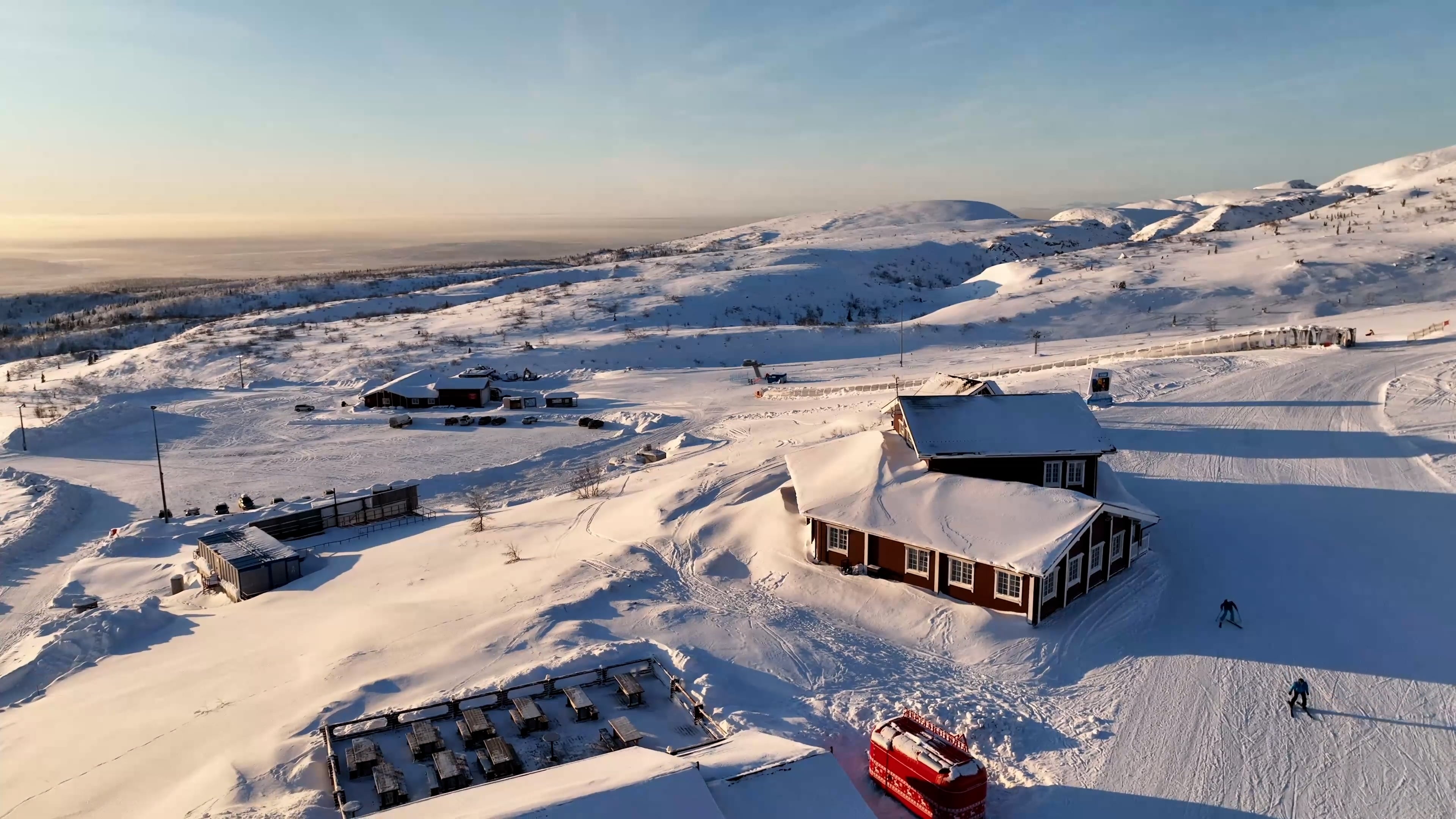 Skiing in village, Active winter lifestyle, Free stock video, Outdoor enjoyment, 3840x2160 4K Desktop