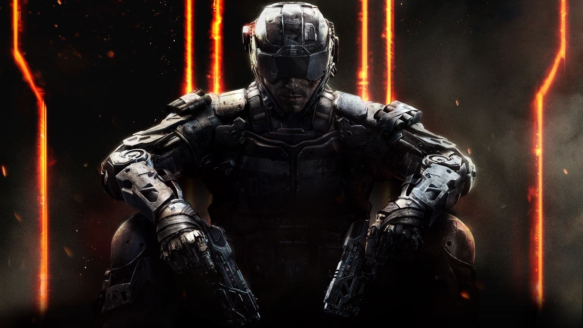 Call of Duty: Black Ops III soldier, Dual tactical pistols, Glowing orange Roman numeral III, Full HD Desktop wallpaper