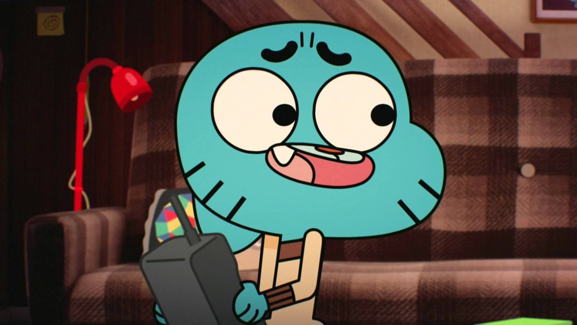 Gumball Watterson, vintage brick cell phone, plaid living room couch, Full HD Desktop wallpaper