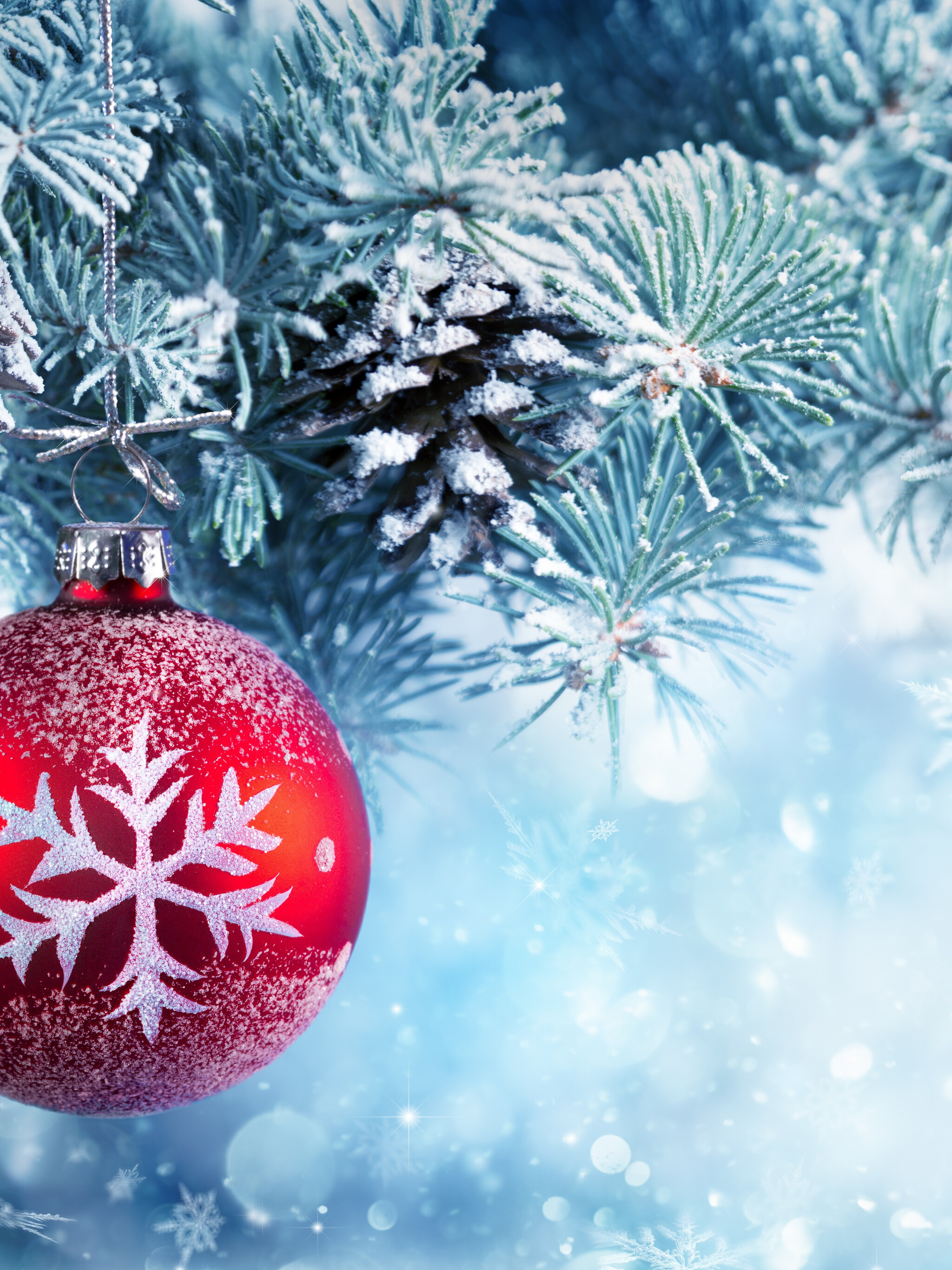 Christmas Ornament, Snowy wonderland, Christmas pine trees, Winter paradise, 2050x2740 HD Phone