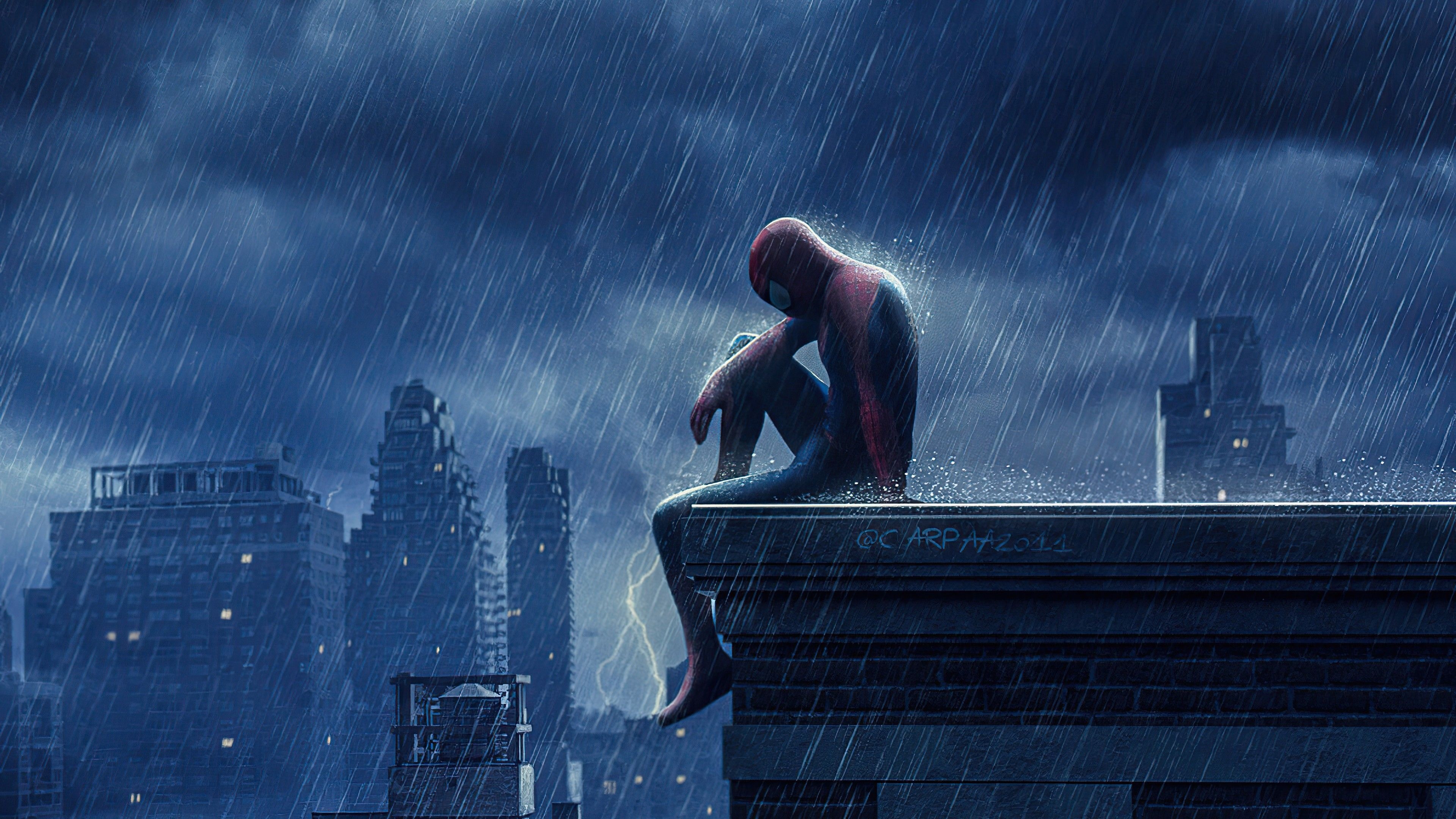 Spider-Man, Rainy rooftop ledge, Thunderstorm city skyline, 4K Desktop wallpaper