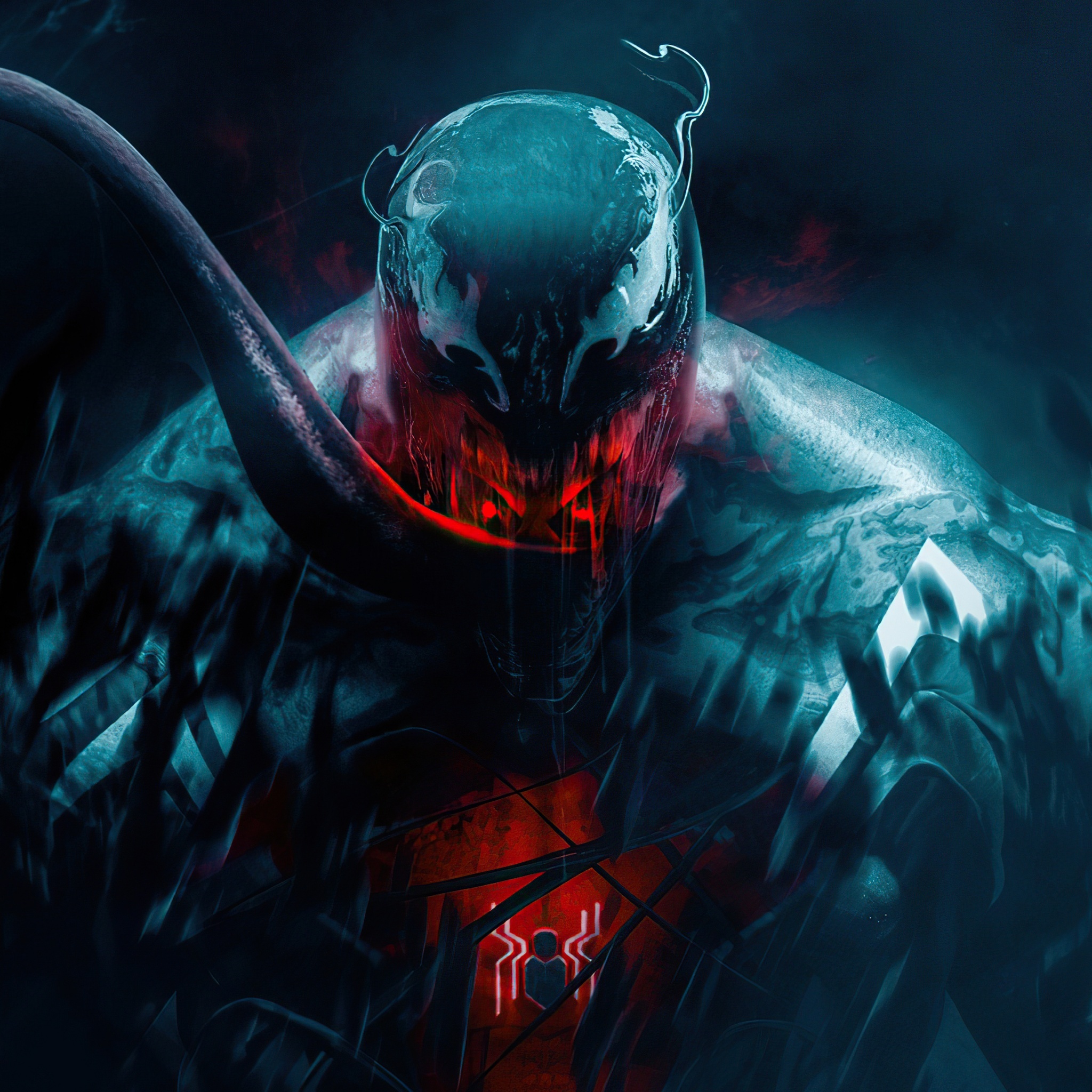Venom symbiote, Spider-Man chest insignia, Glowing red symbiote mouth, HD Phone wallpaper