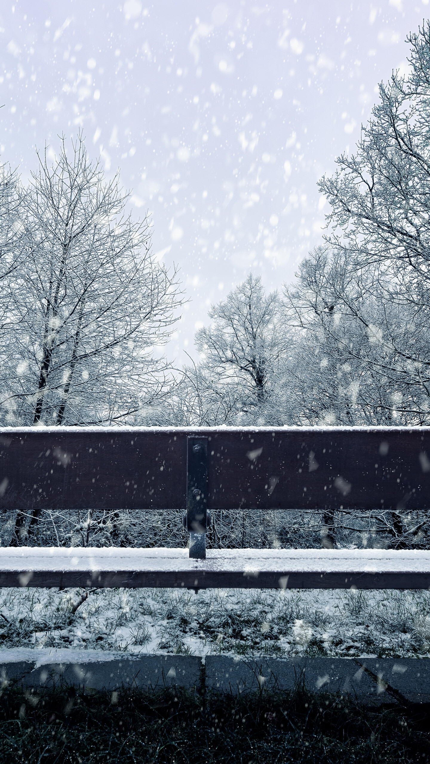 Bench in snowfall, Winter's embrace, 4K HD wallpapers, Serene snow scene, 1440x2560 HD Phone