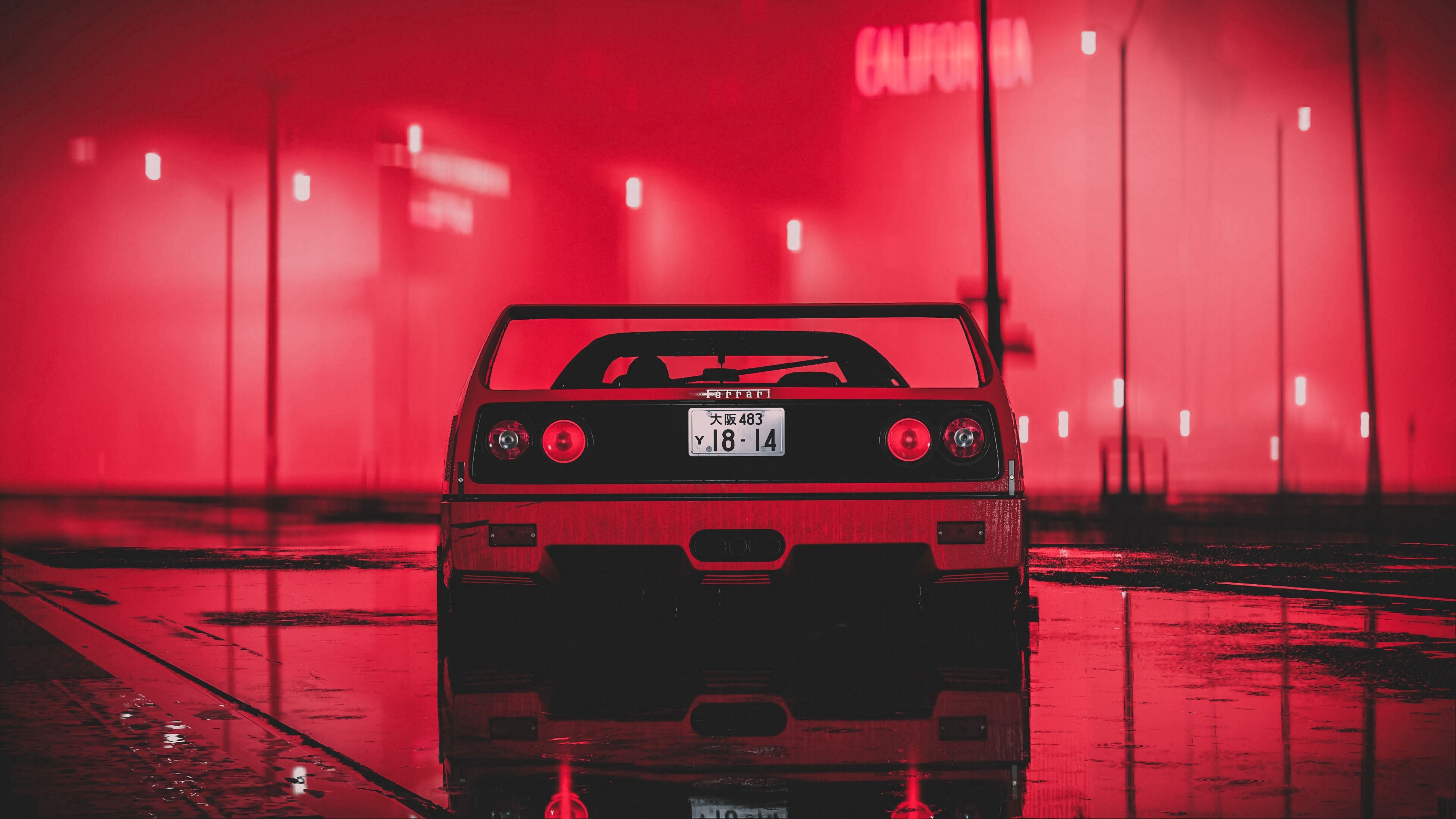 Ferrari F40, CALIFORNIA neon sign, Japanese license plate, 4K Desktop wallpaper